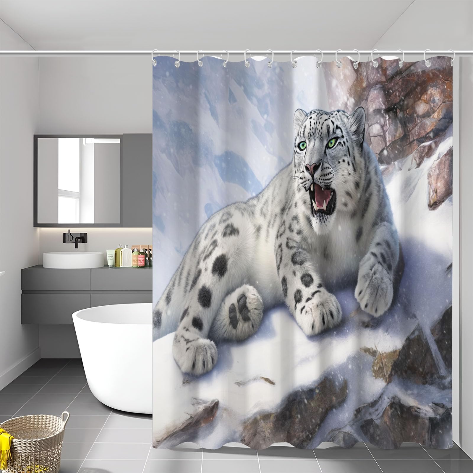 Rideaux de douche durable polyester motif léopard des neiges avec crochets