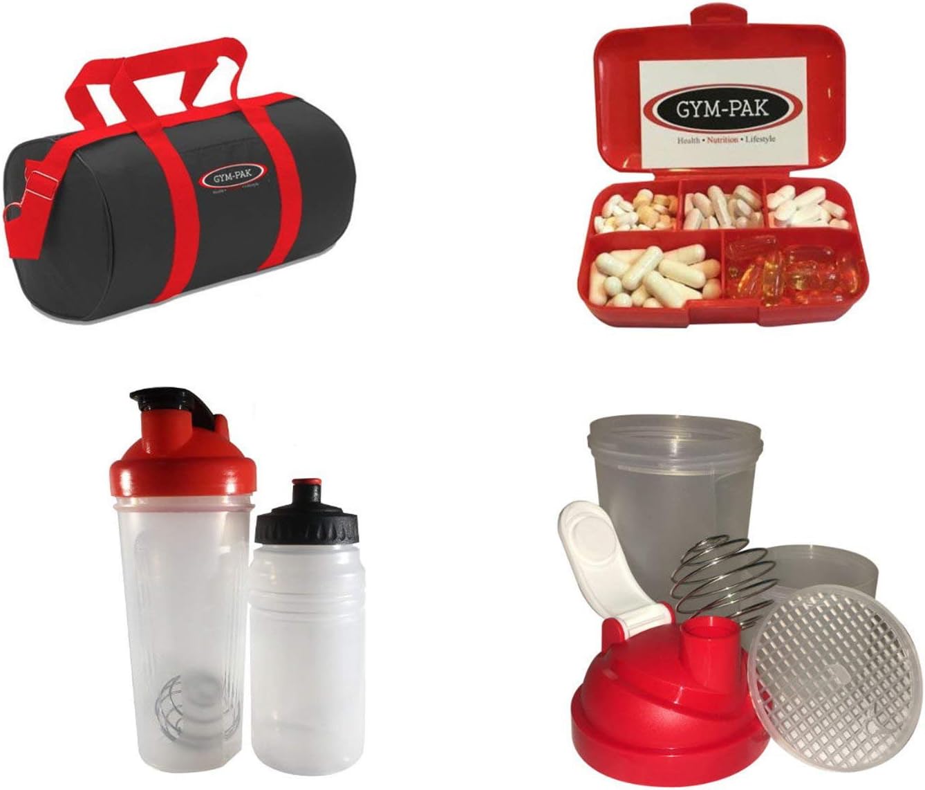 GYM-PAK 20 Litre Gym Duffle Bag with Protein Shaker, Pill Pot & Water Bottle (Black & Light Grey Straps)
