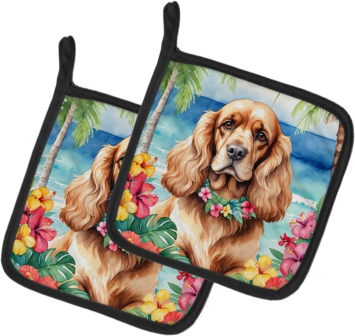 Caroline's Treasures Cocker Spaniel Luau Pair of Pot Holders Kitchen Heat Resistant Pot Holders Sets Oven Hot Pads for Cooking Baking BBQ, 7 1/2 x 7 1/2