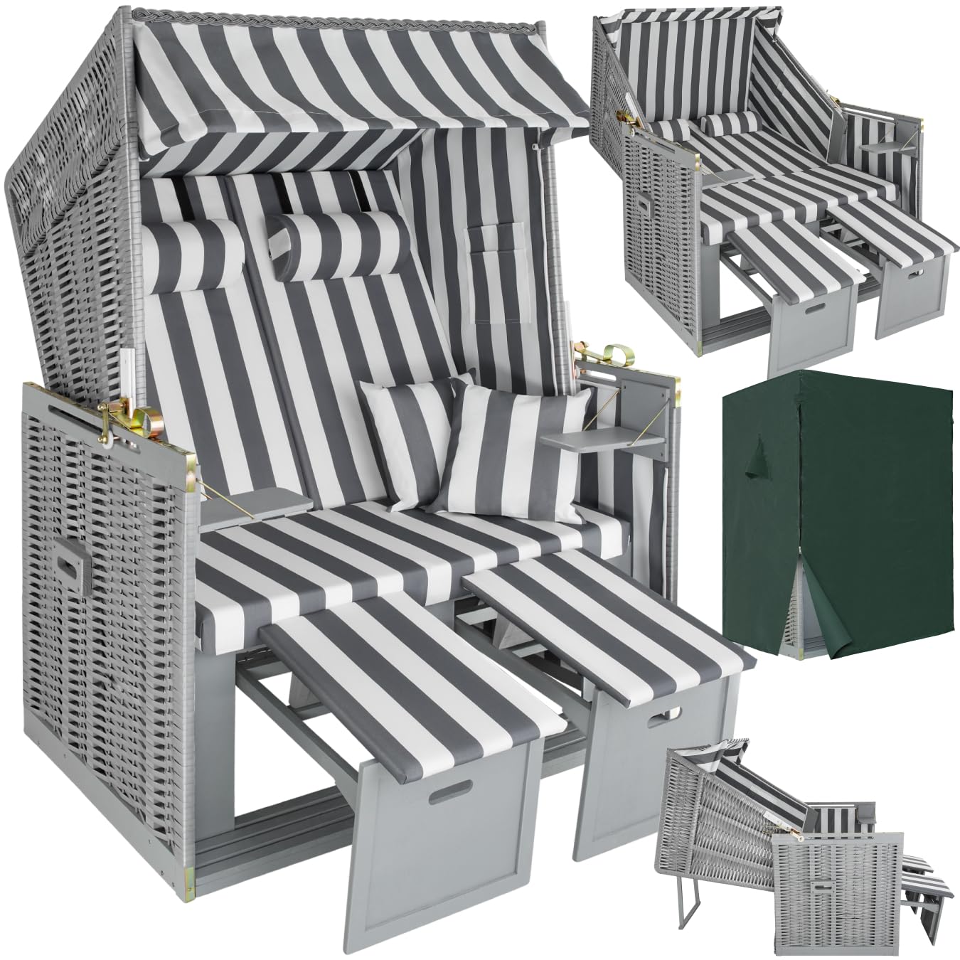 tectake® Corbeille de Plage Cabine de Plage Fauteuil Relax Chaise Longue de Plage 2 Places avec Pare Soleil, Repose Pied Housse de Protection, 2 Coussins Amenagement Balcon Terrasse Mer Plage Jardin