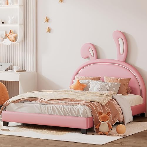 Lostcat Cama de plataforma con forma de conejo, bonita cama de princesa tapizada en forma de conejo, base de cama de plataforma de poliuretano con