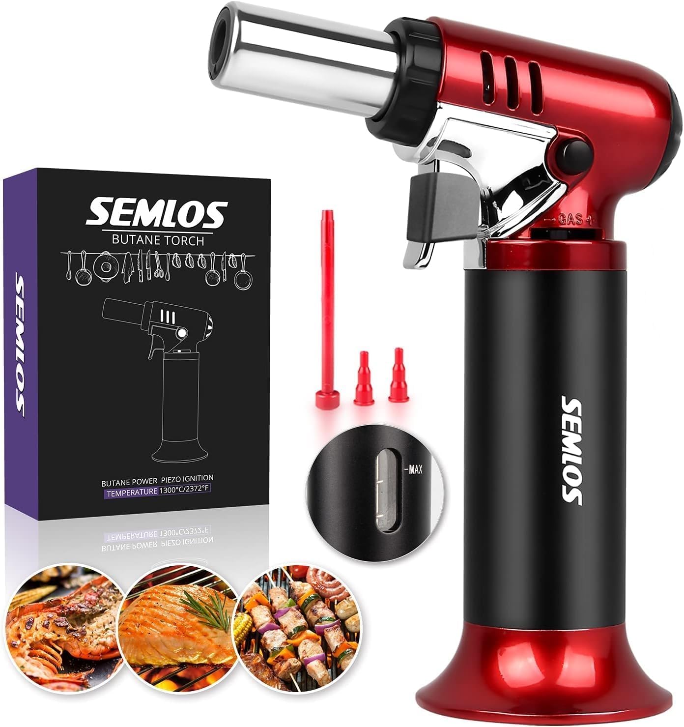 Semlos Butane Torch with Fuel Gauge, Refillable Kitchen Torch Lighter with Safety Lock and Adjustable Flame for DIY, Creme Brulee and Soldering(Butane Gas Not Included)