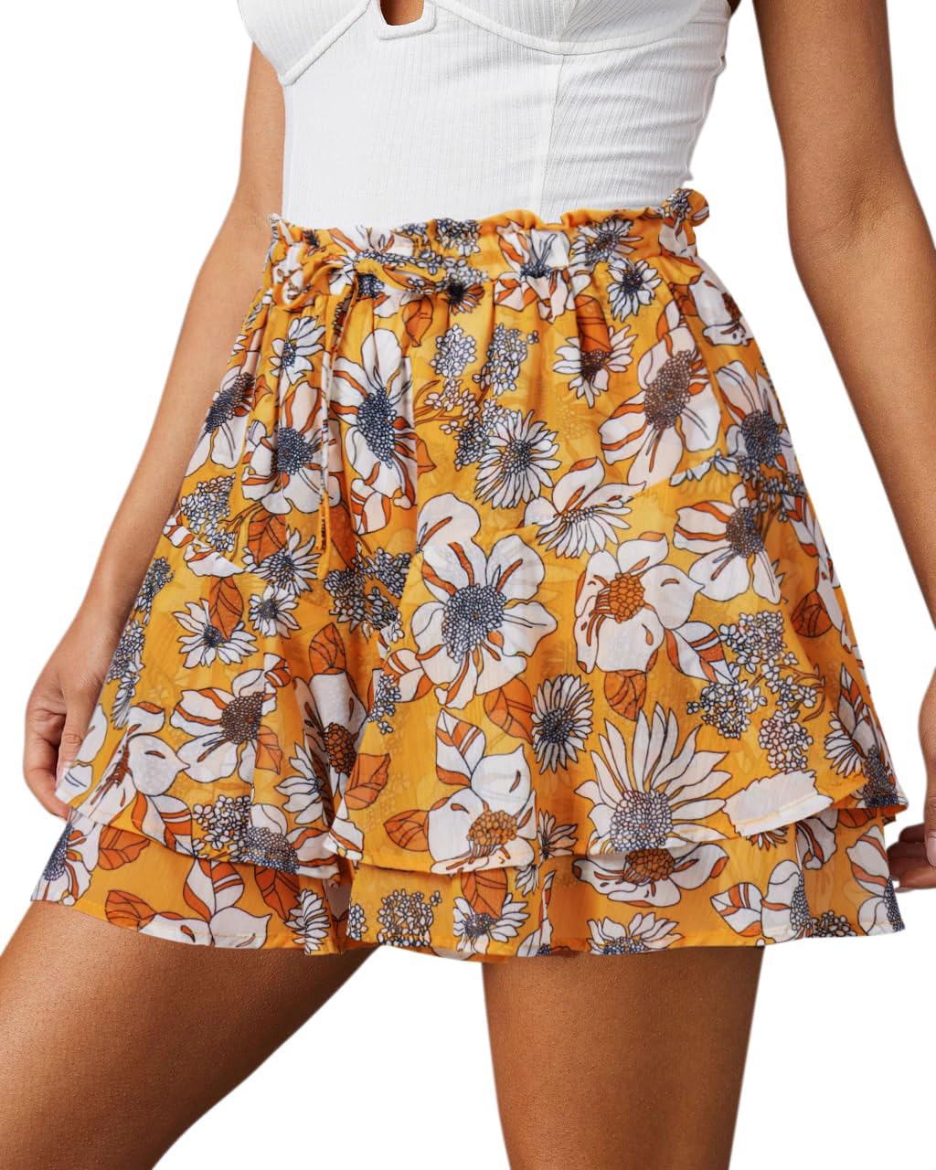 Aoudery Flowy Shorts for Women Casual Boho Floral Skorts Ruffle Mini Skirts Running Tennis Butterfly Chiffon Shorts