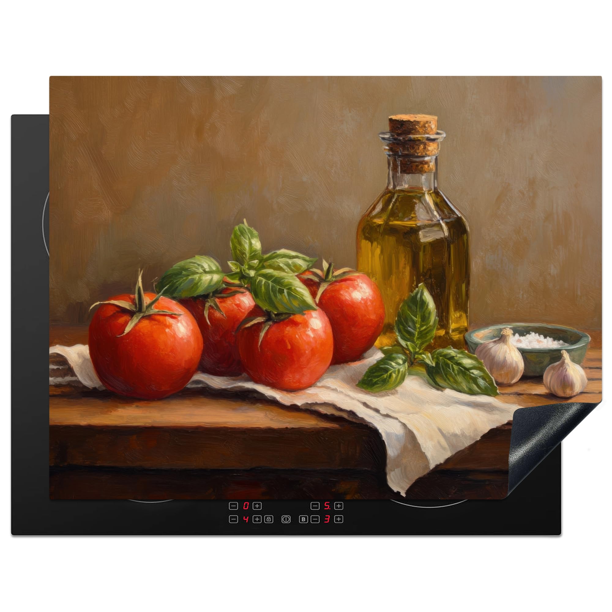 KitchenYeah© Induction Hob Protector Mat 23.2"x30.3" / 77x59 cm Stove Cap Top Cover Kitchen Cooker Covers for Electric Hobs Vinyl Tomatoes - Olive Oil - Still Life