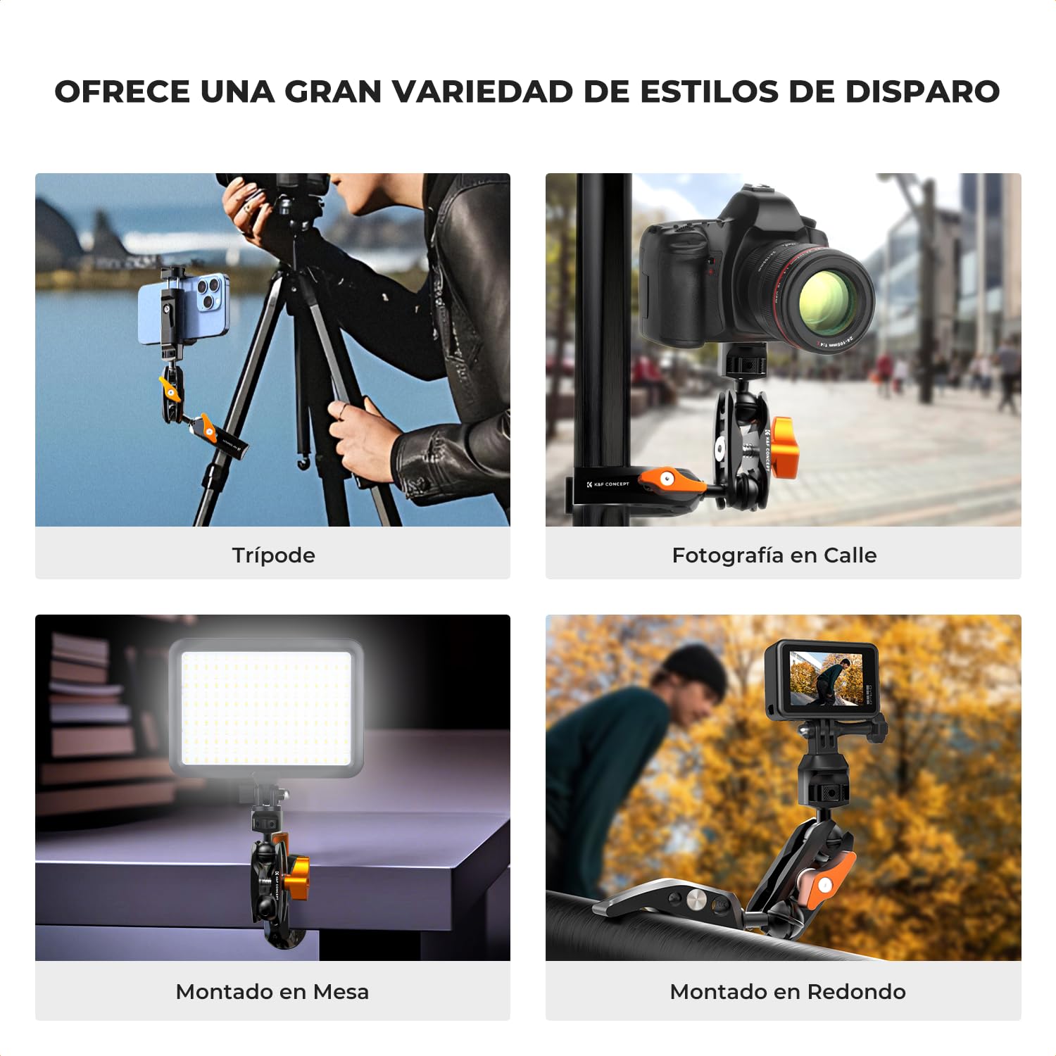 K&F CONCEPT Brazo Mágico con Súper Abrazadera，Magic Arm con Super Clamp Pinza y Cabeza Esférica de 360° Compatible con Cámara/Estabilizador/Teléfono Móvil/GO Pro/dji Action, Carga Máxima:3KG
