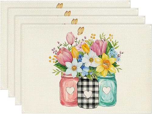 Artoid Mode Juego de 4 manteles individuales de primavera con diseño de flores silvestres y mariposas, 12 x 18 pulgadas, para decoración de fiestas,