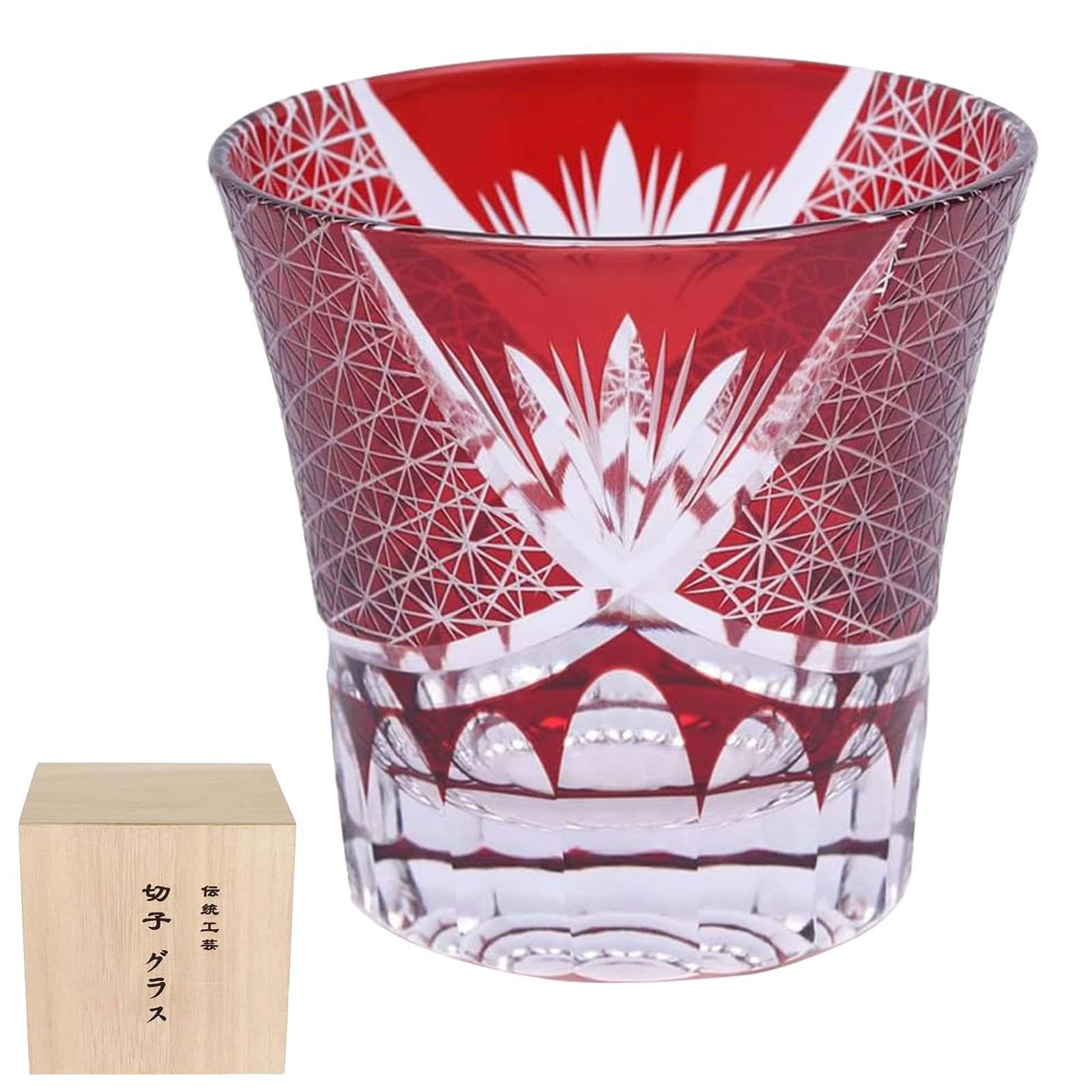 Kiriko Cut Glass Rock Glass Red Chrysanthemum 9oz Lead Free Japanese Craft