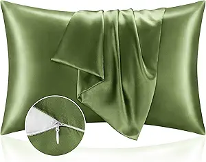 BEDELITE Satin Pillowcase with Zipper, Cedar Green King Size Pillow Cases Set of 2, Super Soft and Cooling Similar to Silk Pillow Cases, Gift for Women Men(20x40 Inches)