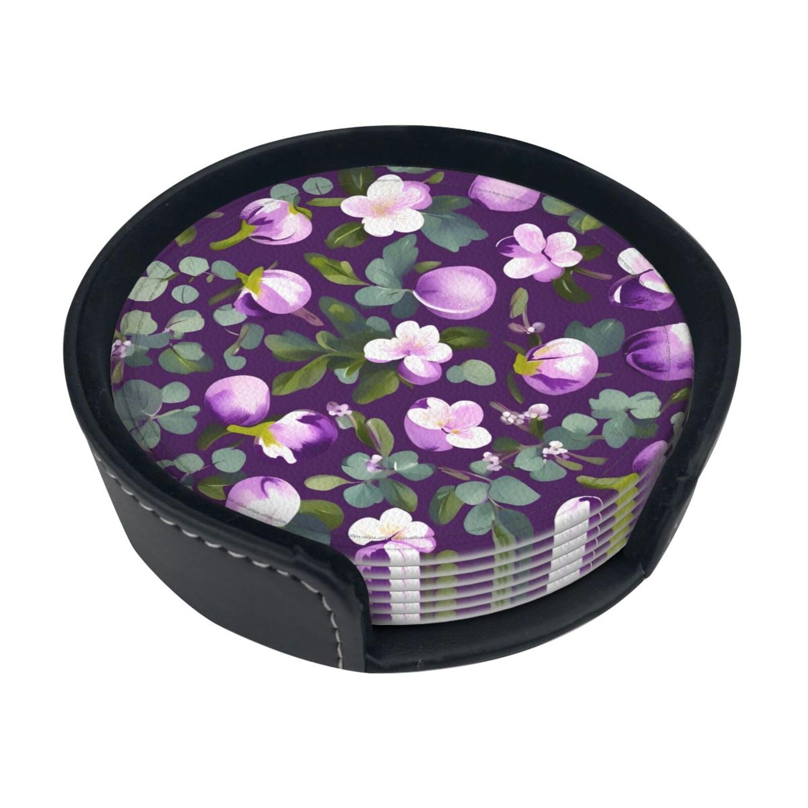 Spring Plum Floral Print Round Coasters Set Of 6,Coaster For Tabletop Protection Home Bar Decor