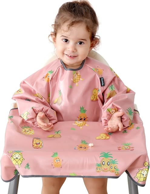 PewinGo Weaning Bib Attaches and Fully Cover to Baby Highchair , Long Sleeves Bib with Waterproof, Machine Washable & Comfortable,Easy to Clean , Suitable for BLW 6 Month to 3 Years Old--Pink