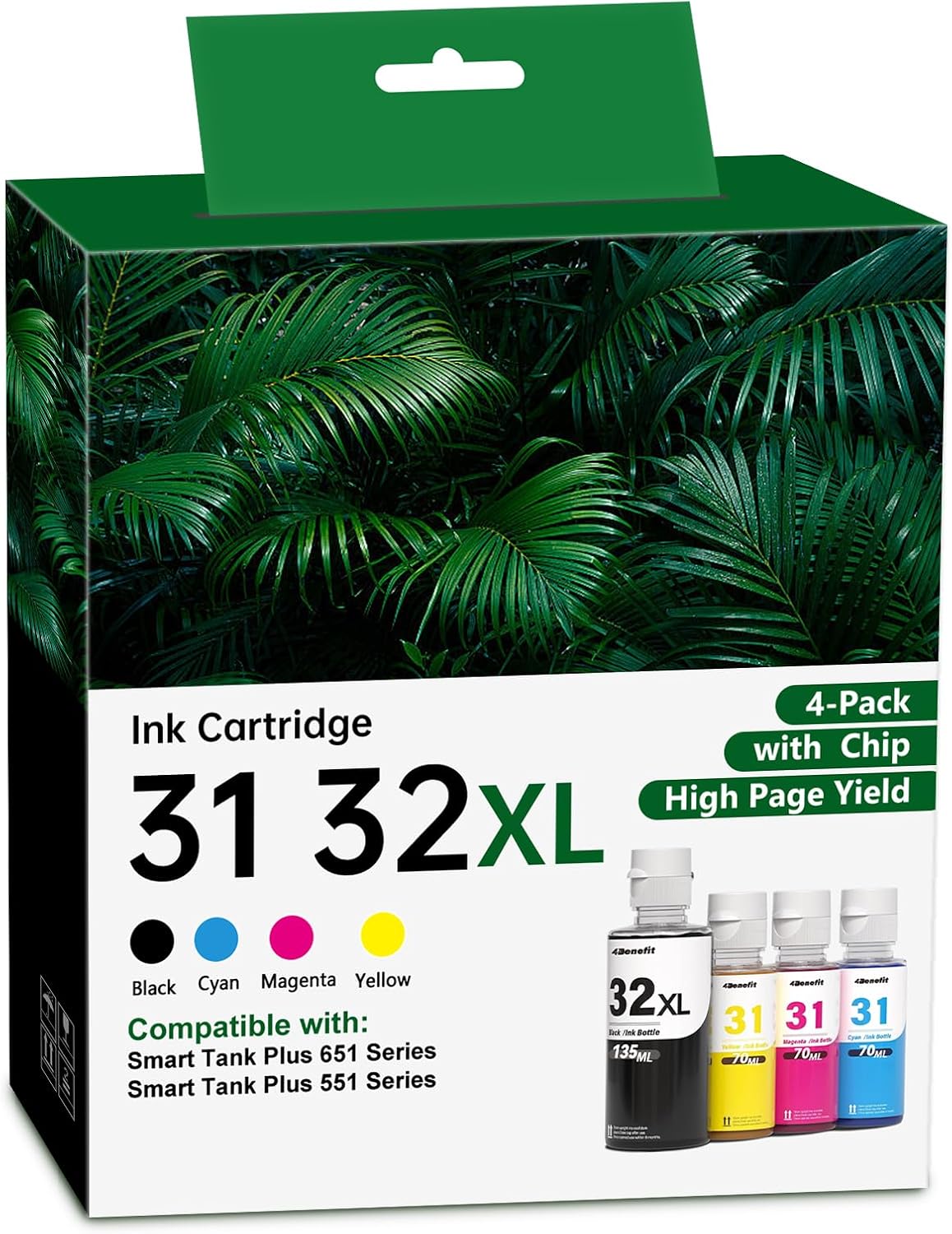 32XL/31 Black/Cyan/Yellow/Magenta High Yield Ink Refills, 4/Pack | Replacement for HP 31 32XL Ink Bottle 31/32XL for Smart Tank 5101 5102 6001 7001 7002 7301 7602 Plus 651 551 Printer