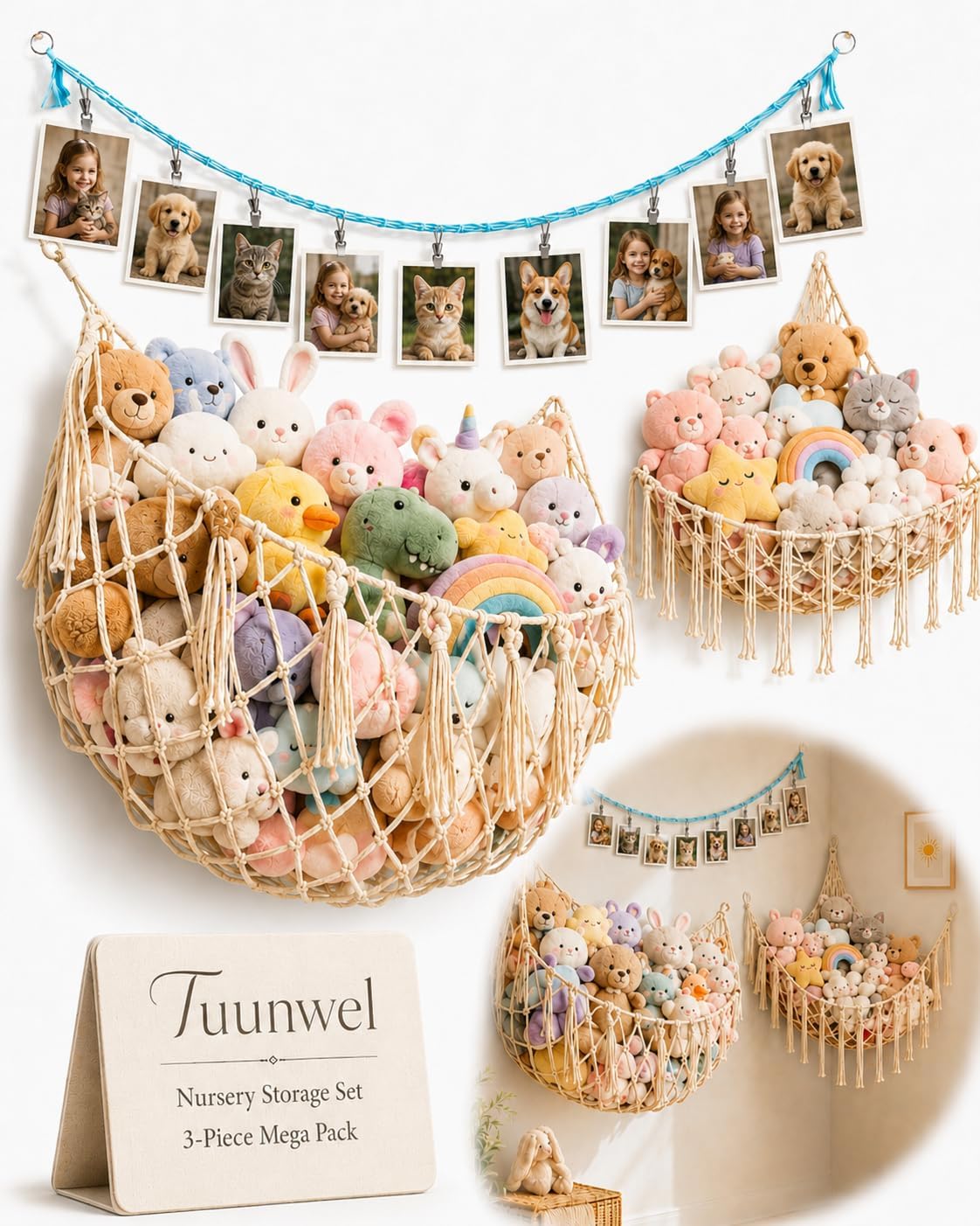 Stuffed Animal Net Hammock Toy Storage Organizer | Chain Wall Hanging, Macrame Plush Toy Holder, Boho Corner Design, Flat Wall Mounted, For Nursery Playroom Kids Room