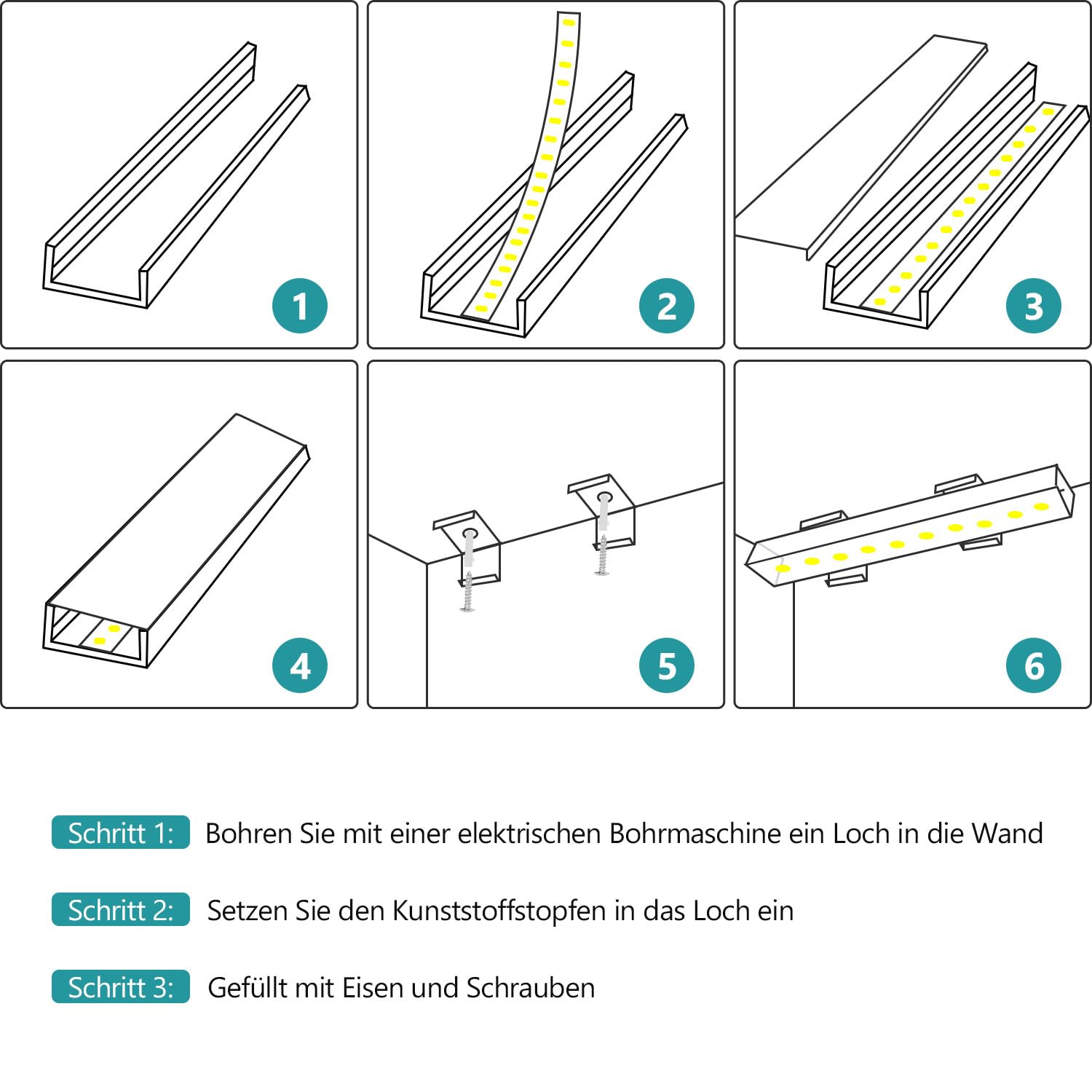 Profil aluminiowy 30 x 1 m profil LED w kształcie litery U z osłoną, zaślepkami i klipsami montażowymi, szyna LED kanał LED do taśm LED
