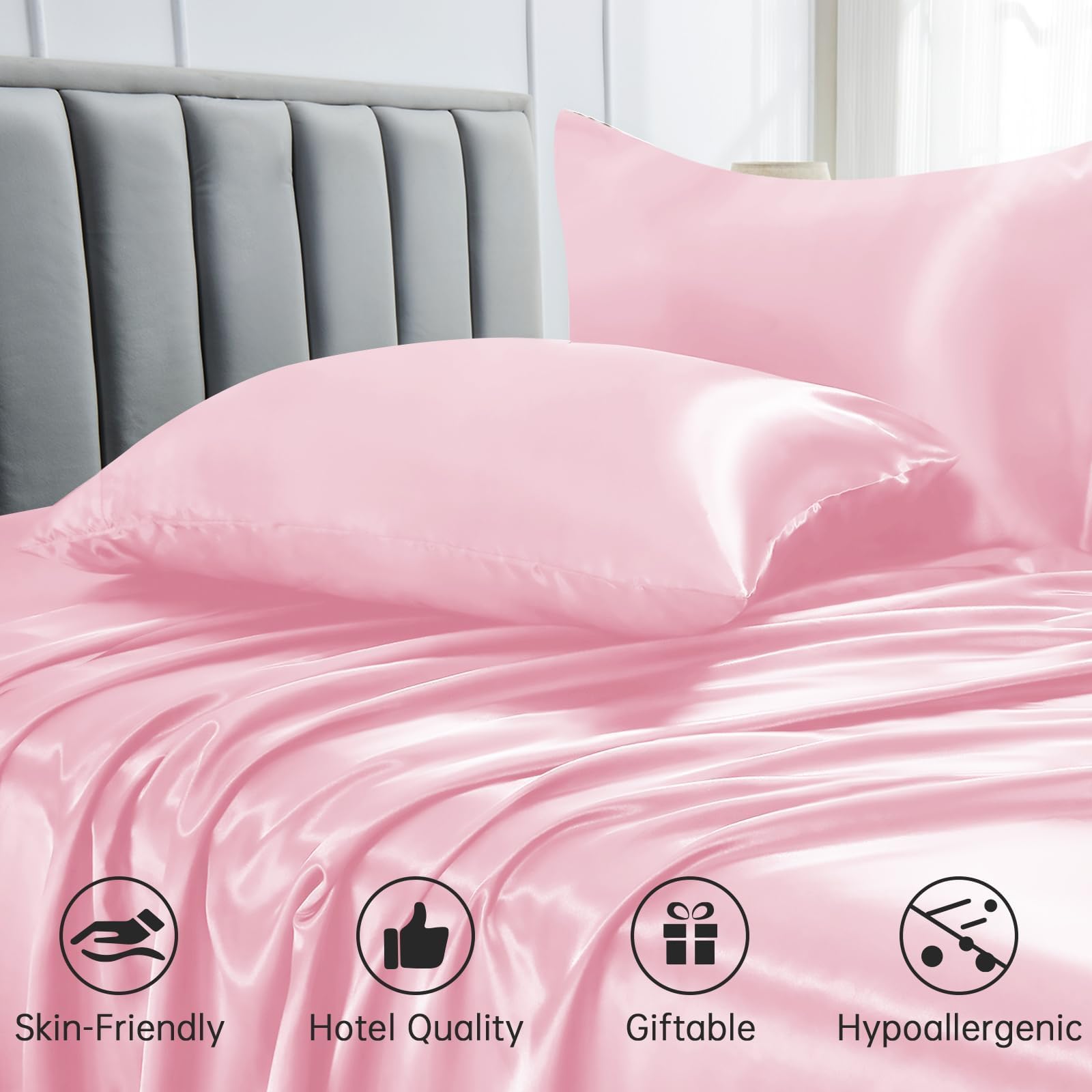 Sasttie Juego de sábanas de satén tamaño Queen, juego de sábanas de satén rosa, suave y ultrasuave, sedoso, con 2 fundas de almohada, color rosa