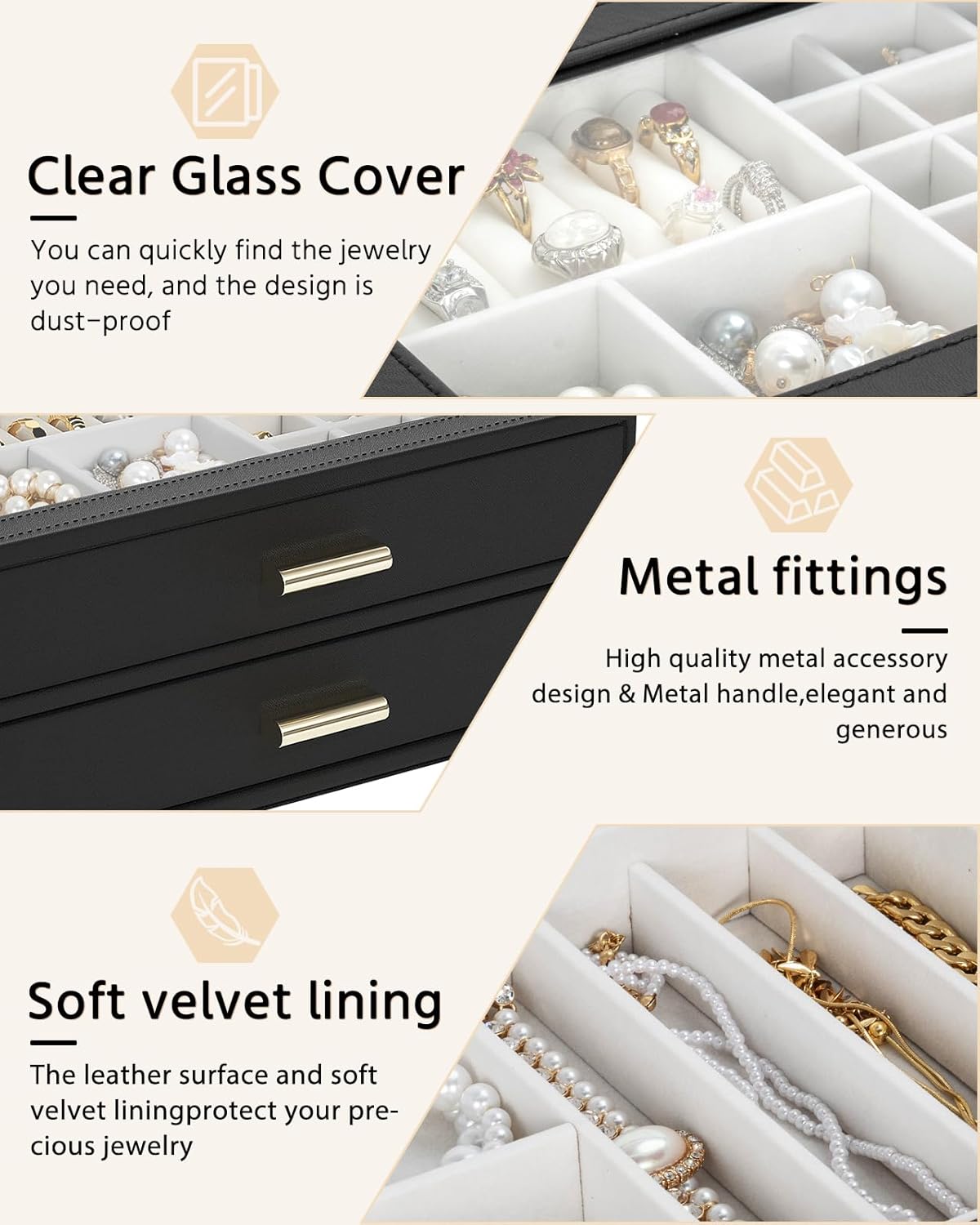 AKOZLIN Jewelry Box with Clear Lid Functional Leather Jewelry Storage Organizer Case 2 Drawers for Women Girls Necklace Ring Bracelet Earring