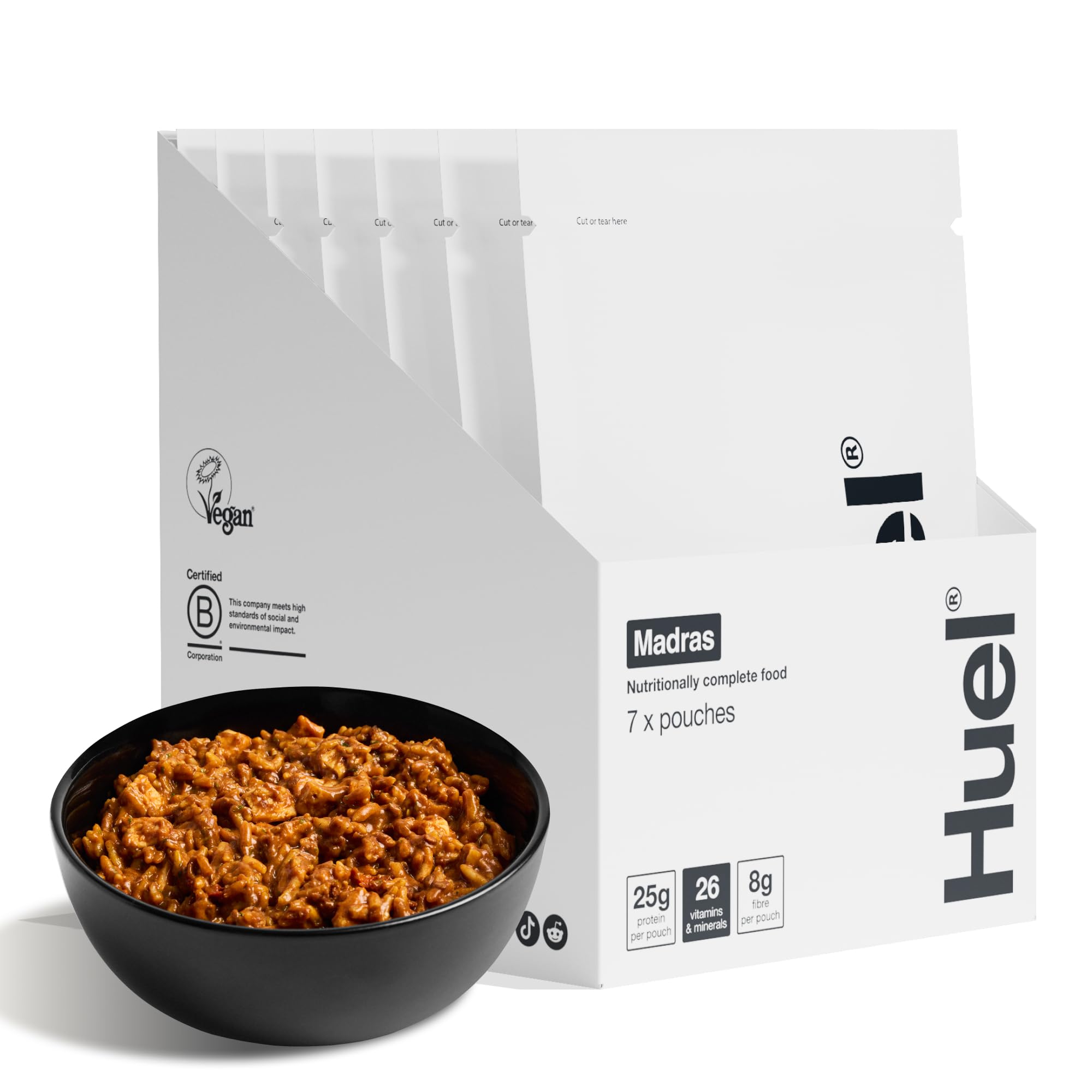 Huel Hot & Savoury – Madras (7 Portionen), Vegane Protein-Mahlzeit mit 25 g Eiweiß, 26 Vitamine & Mineralstoffe, Pflanzliches Fertiggericht, Ausgewogen & Nährstoffreich