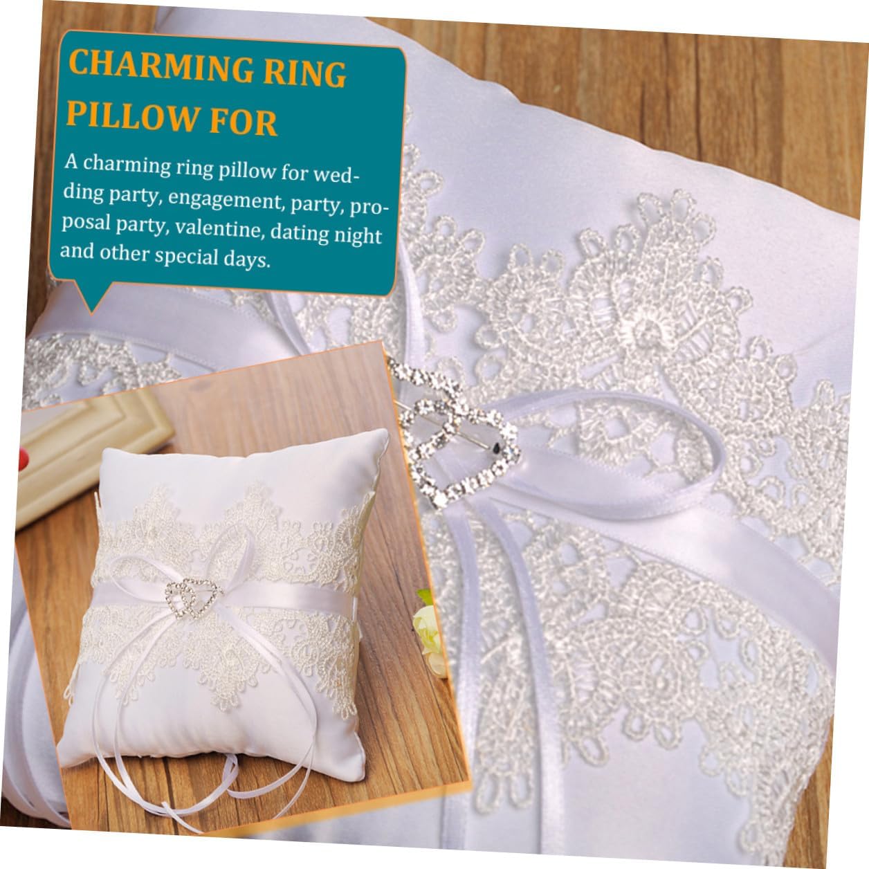 Amosfun White Lace Double Heart Ring Pillow Decorative Wedding Ring Cushion for Bride and Flower Girl Hollow Embroidered Wedding Party Bearer Pillow with Pearls