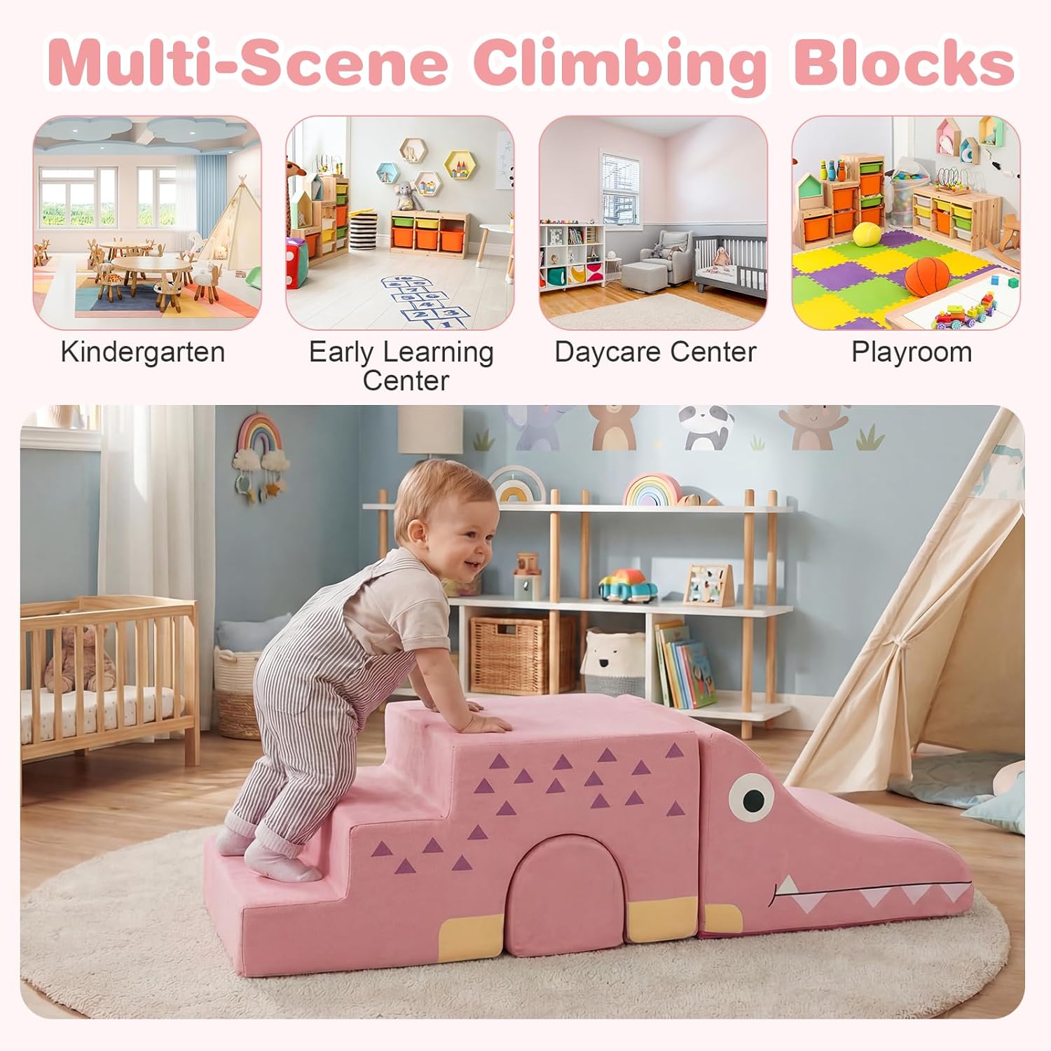 HONEY JOY Toddler Climbing Toys Indoor, 3-Piece Crocodile Foam Climbing Blocks, Modular Crawling & Sliding Activity Play Set, Baby Gym Equipment Playground, Soft Play Climbing for Toddlers (Pink)