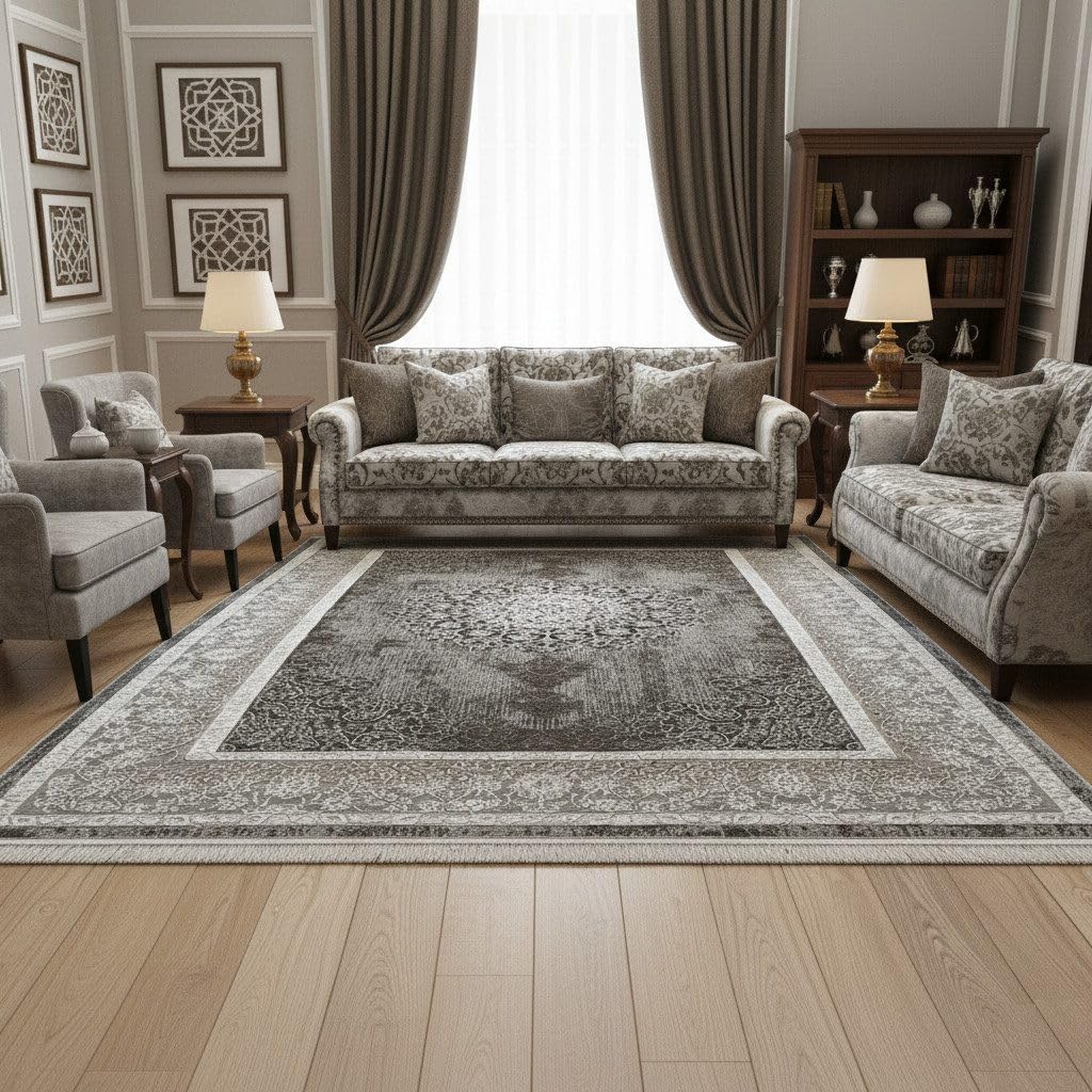 VIMODA Teppich Kurzflor Moderner Teppich mit Ornament-Muster – Pflegeleicht & Robust – Für Fußbodenheizung geeignet,Farbe:Grau;Maße:240 x 340 cm
