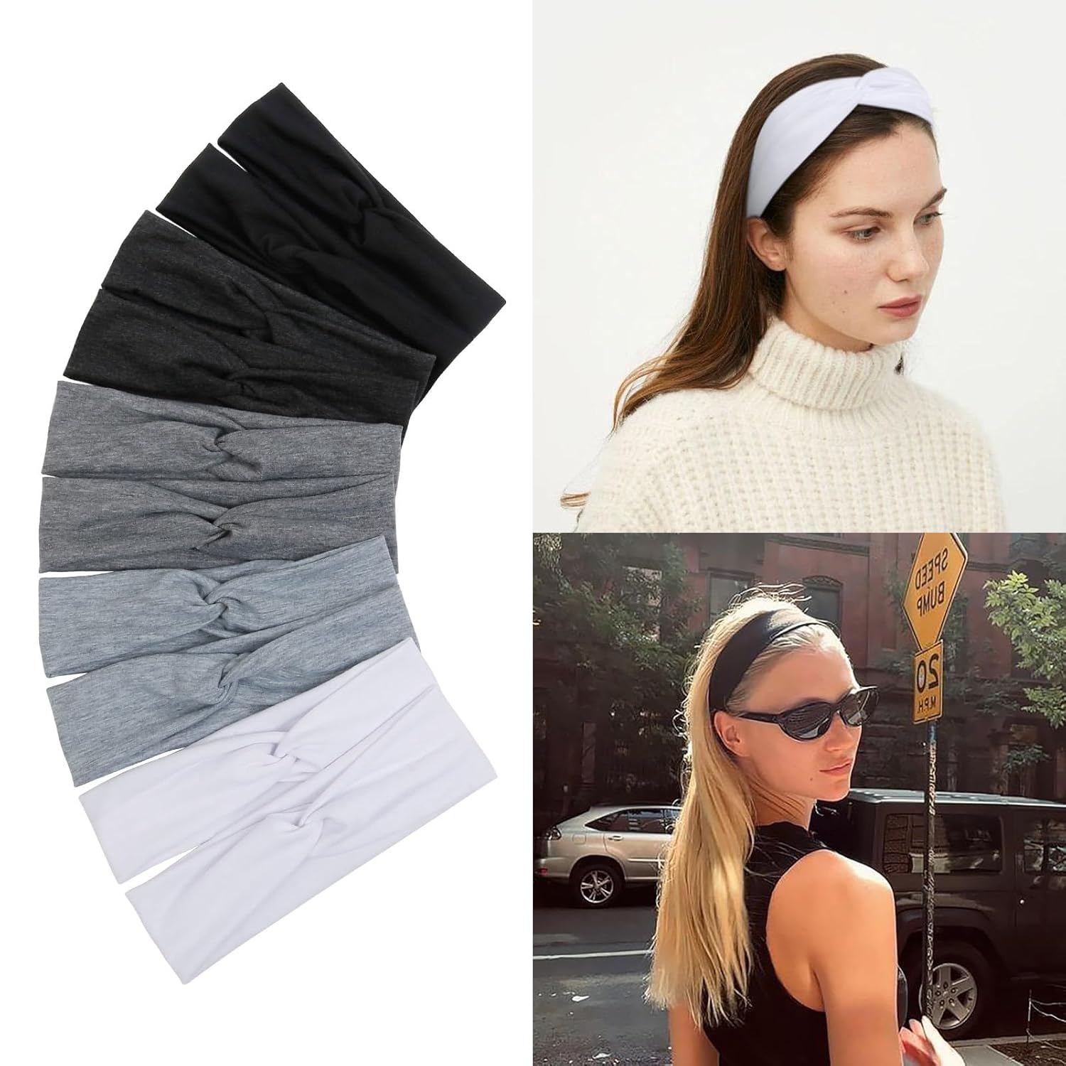 Tobeffect 10Pcs Headbands for Women Non Slip | Thin Cotton Cloth Stretchy Headbands for Womens Hair | Turban Look Fashion Black White Hairbands for Workout Yoga Fabric Hair Bands