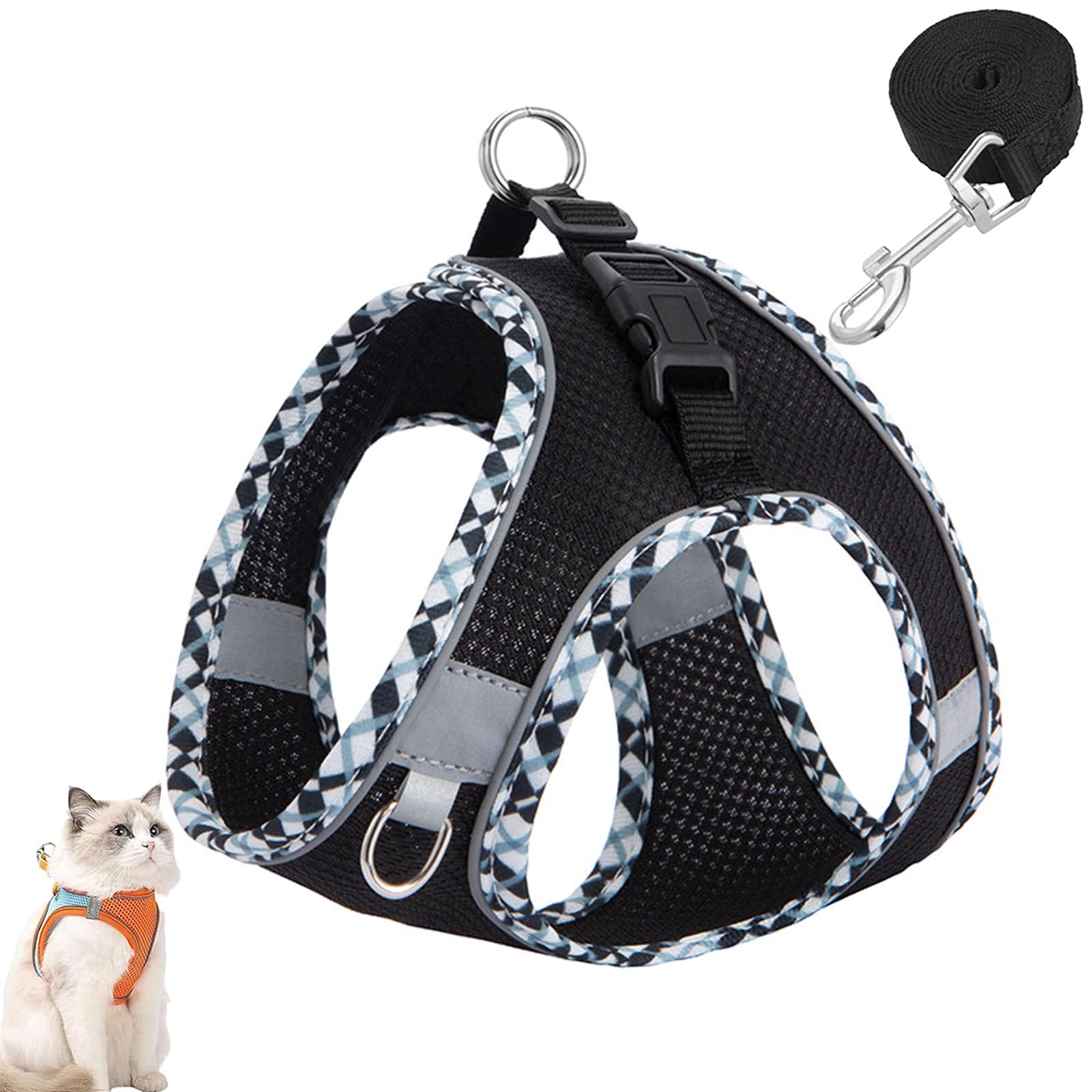 Cat Harness Design for Outdoor Cats, Cat Explorer Harness, Adjustable Soft Mesh Vest with Reflective Safety Strips, Escape Proof, Easy to Wear Cats (N,XS)
