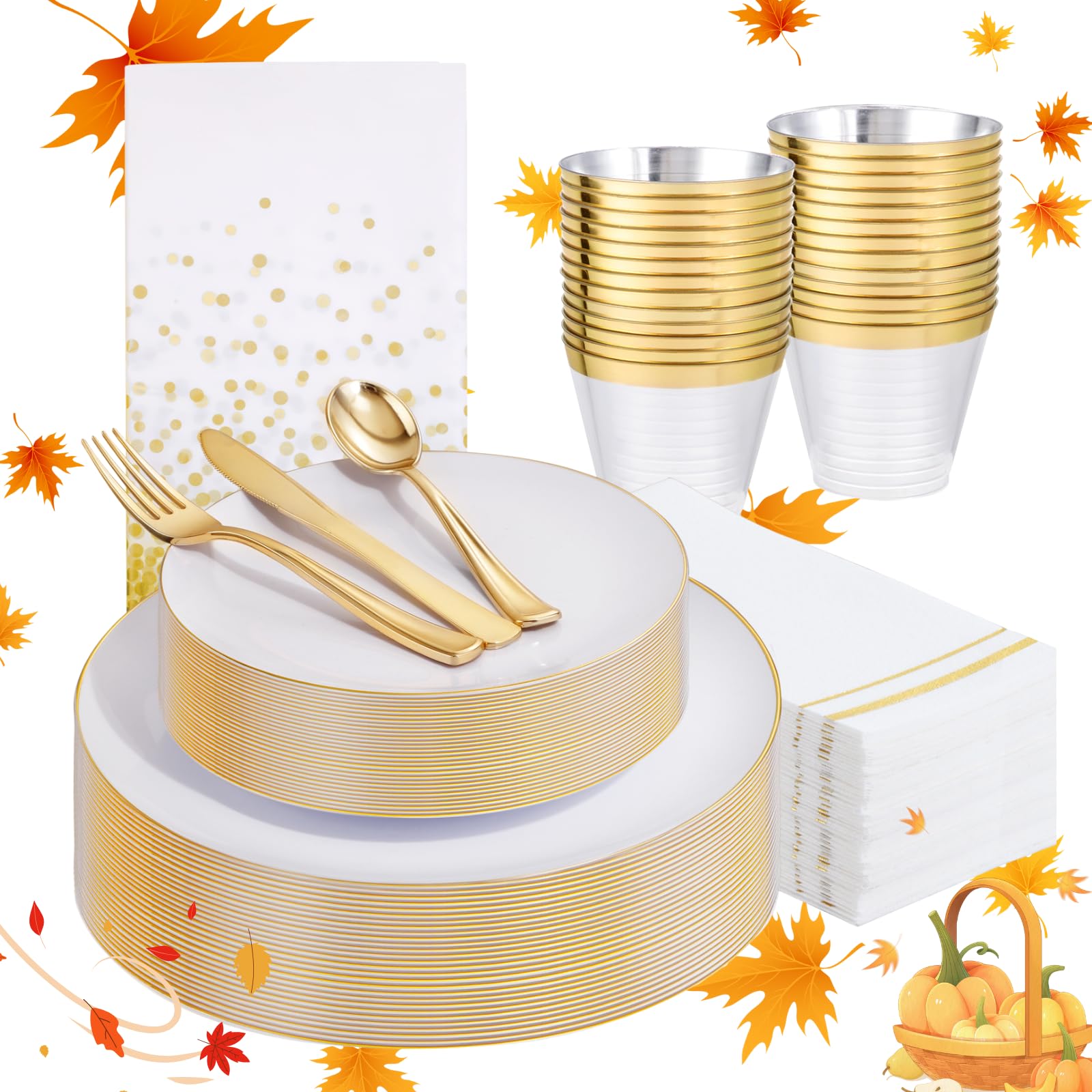 Festiva 175PCS White and Gold Plastic Plates - White with Gold Rim Fall Dinnerware Set - 25Guest include Plates Cups Cutlery Napkins for Birthday Party&amp;Wedding&amp; Thanksgiving
