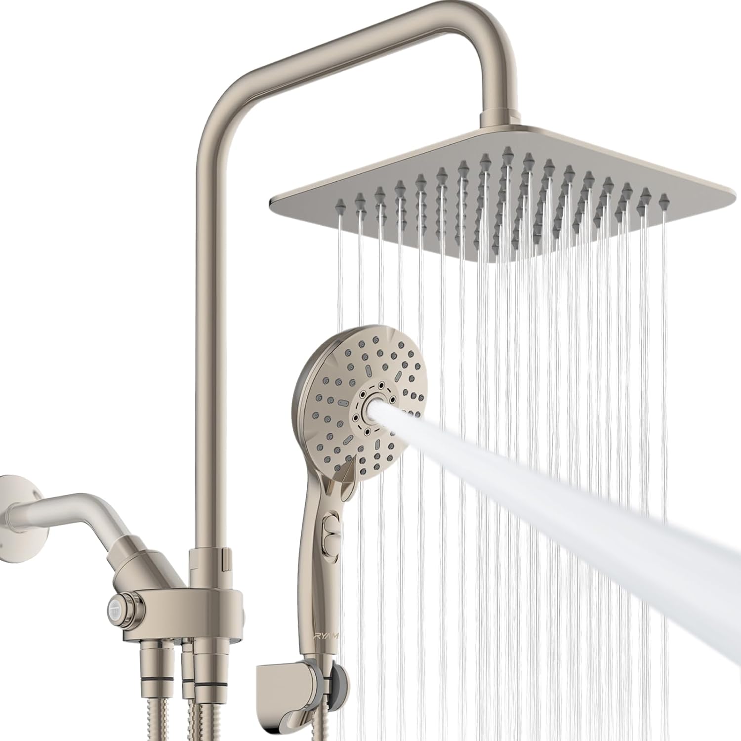 Ryamen Dual Shower Head Combo, 8'' High Pressure Rain Shower Head with Handheld Spray, 6+1 Spray Settings Handheld Showerhead, Height Adjustable, One-touch Pause Button, Brushed Nickel