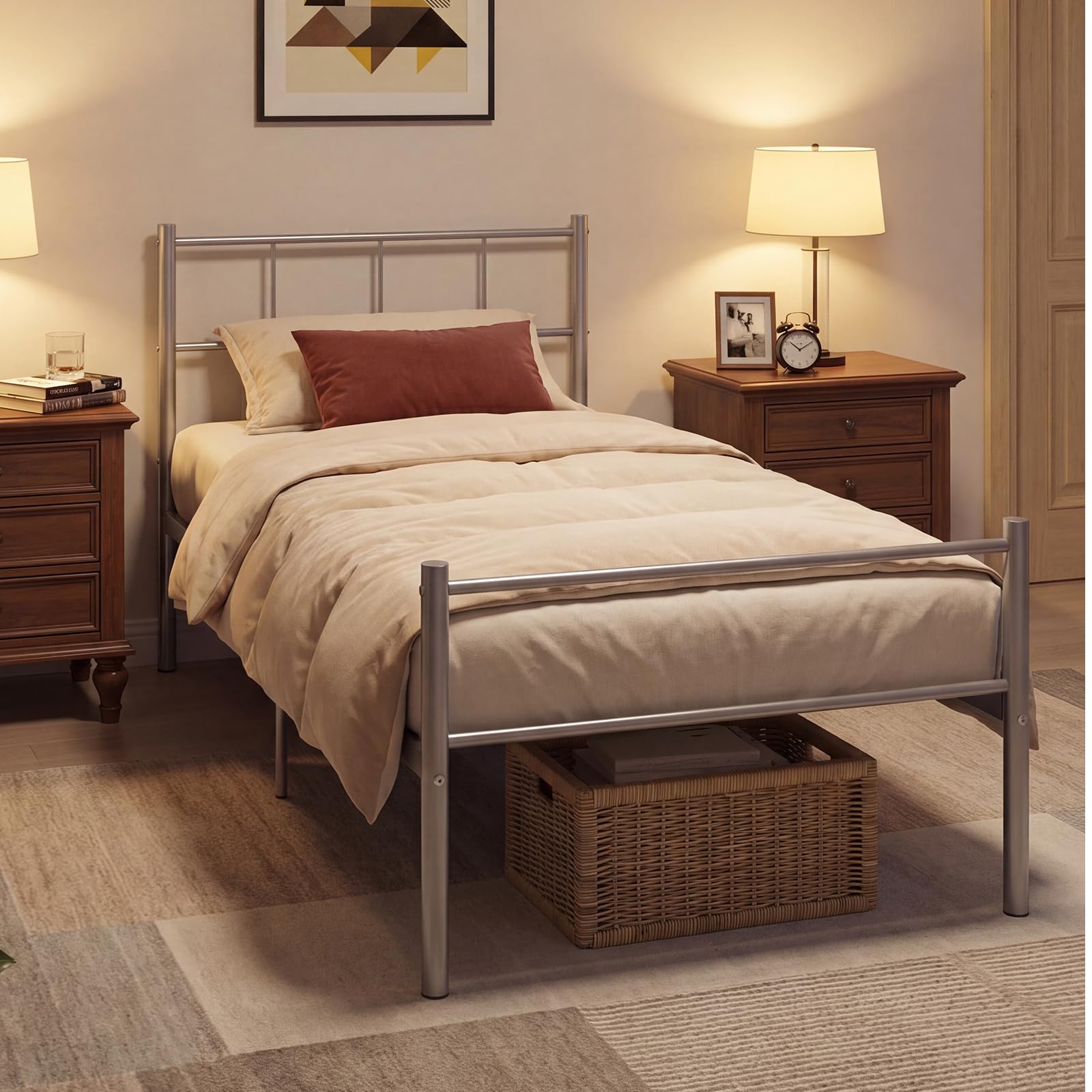 Panana Single Metal Bed Frame, 3FT Modern Design Bed Base with Strong Metal Slats, Headboard and Footboard bedroom furniture for Kids Adults (Silver Grey)