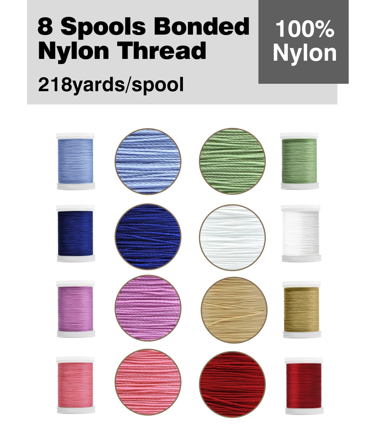 Hilo de tapicería extrafuerte, hilo para coser 8 colores, 218 yardas, hilo de nailon unido para el hogar, manualidades, máquina, bricolaje y cuero vaquero, colores brillantes