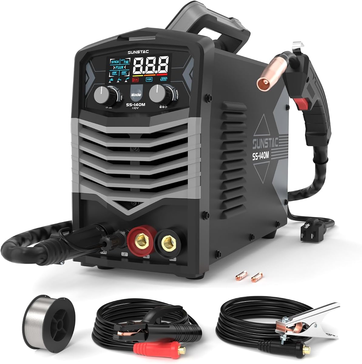 Sunstac 140A 3 in 1 MIG Welder 110V with IGBT Inverter | Flux Core/Stick/Lift TIG 3 in 1 welder, Synergic Control with digital screen display, Beginner Friendly