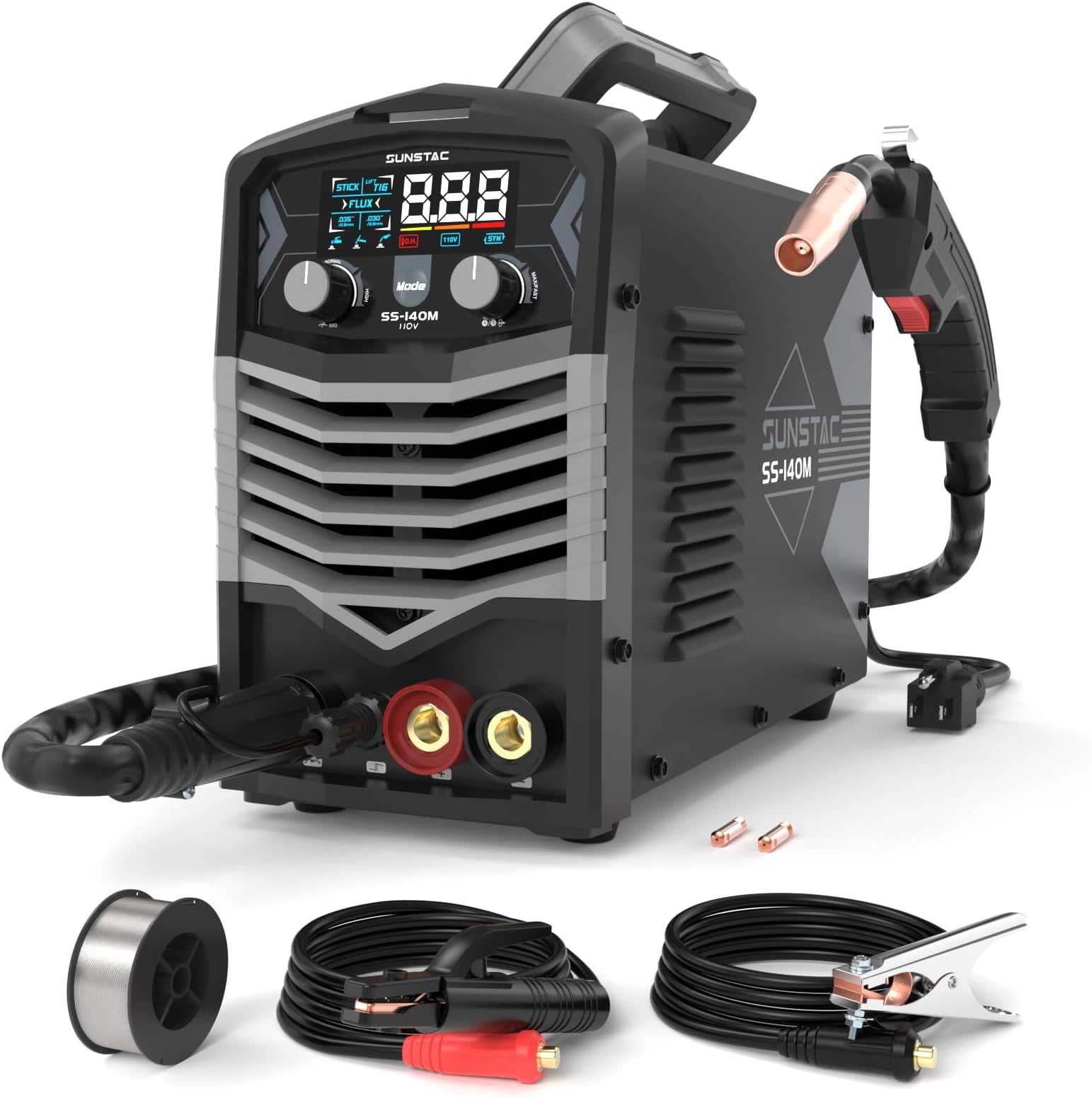 Sunstac MIG Welder, 140A 110V Flux Core/Stick/Lift TIG 3 in 1 MIG Welding Machine, Gasless MIG with IGBT Inverter Synergic Control, Digital Screen Display, Over Loading Protection Beginner Friendly