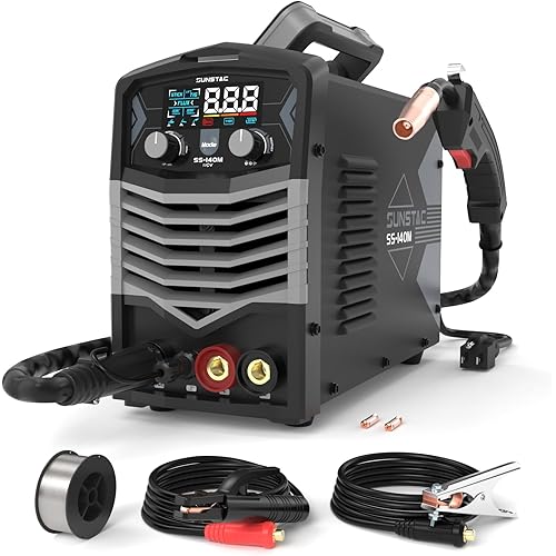 Sunstac MIG Welder, 140A 110V Flux Core/Stick/Lift TIG 3 in 1 MIG Welding Machine, Gasless MIG with IGBT Inverter Synergic Control, Digital Screen Display, Over Loading Protection Beginner Friendly