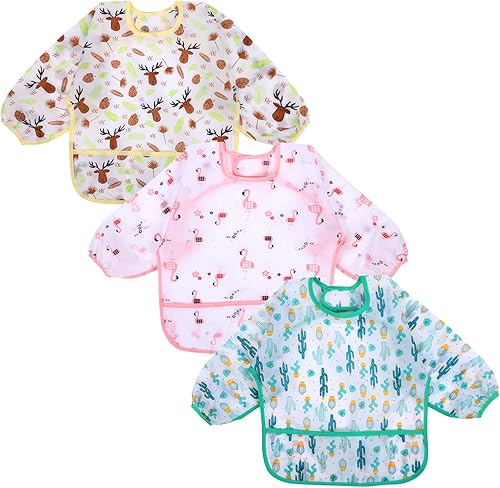 Accmor Paquete de 3 baberos de manga larga, baberos impermeables para bebé de 6 a 36 meses