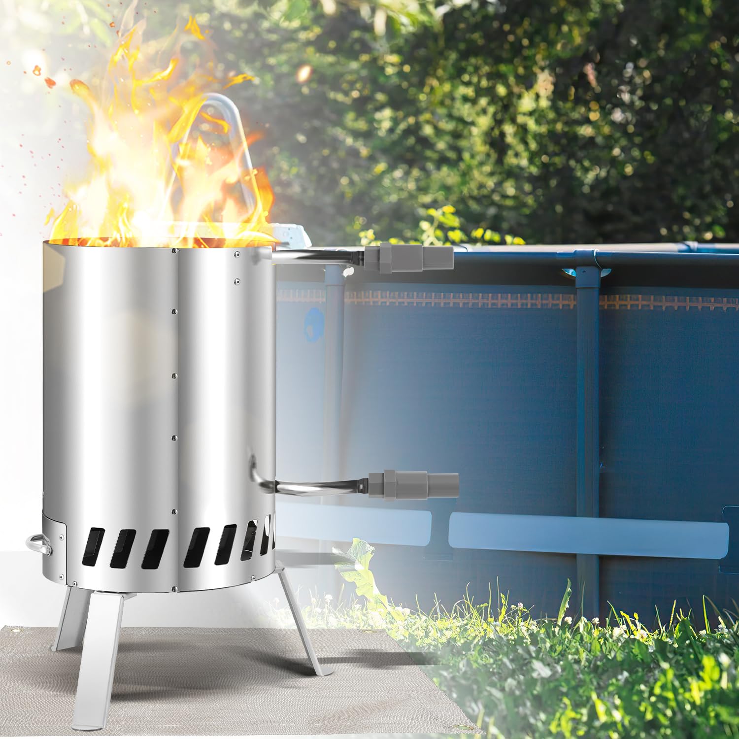 2 x riscaldatori per piscina in legno, con fuoco, in acciaio inox, con connettori da 32 – 38 mm, resistente al calore fino a 300 °C, con tappetino ignifugo e vassoio