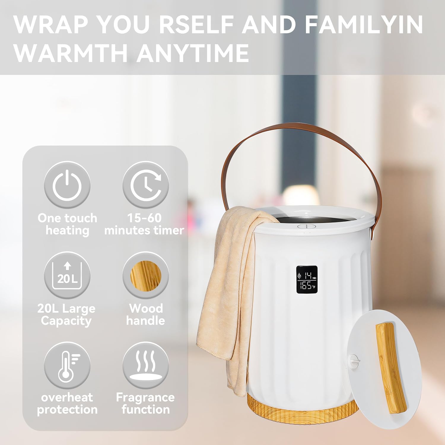 Large Towel Warmer for Bathroom, Luxury Heated Towel Warmer Bucket for SPA, Auto Shut Off, Fits Up to Two 40"X70" Oversized Towels, Bathrobes, Blankets, PJ's and More, Best Ideal Gifts - White, 20L