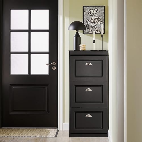 Miniatura 65 de Haotian FSR82-L-SCH - Zapatero de pasillo negro, zapatero de diseño moderno, zapatero delgado con cajón abatible y cojín de asiento acolchado Negro