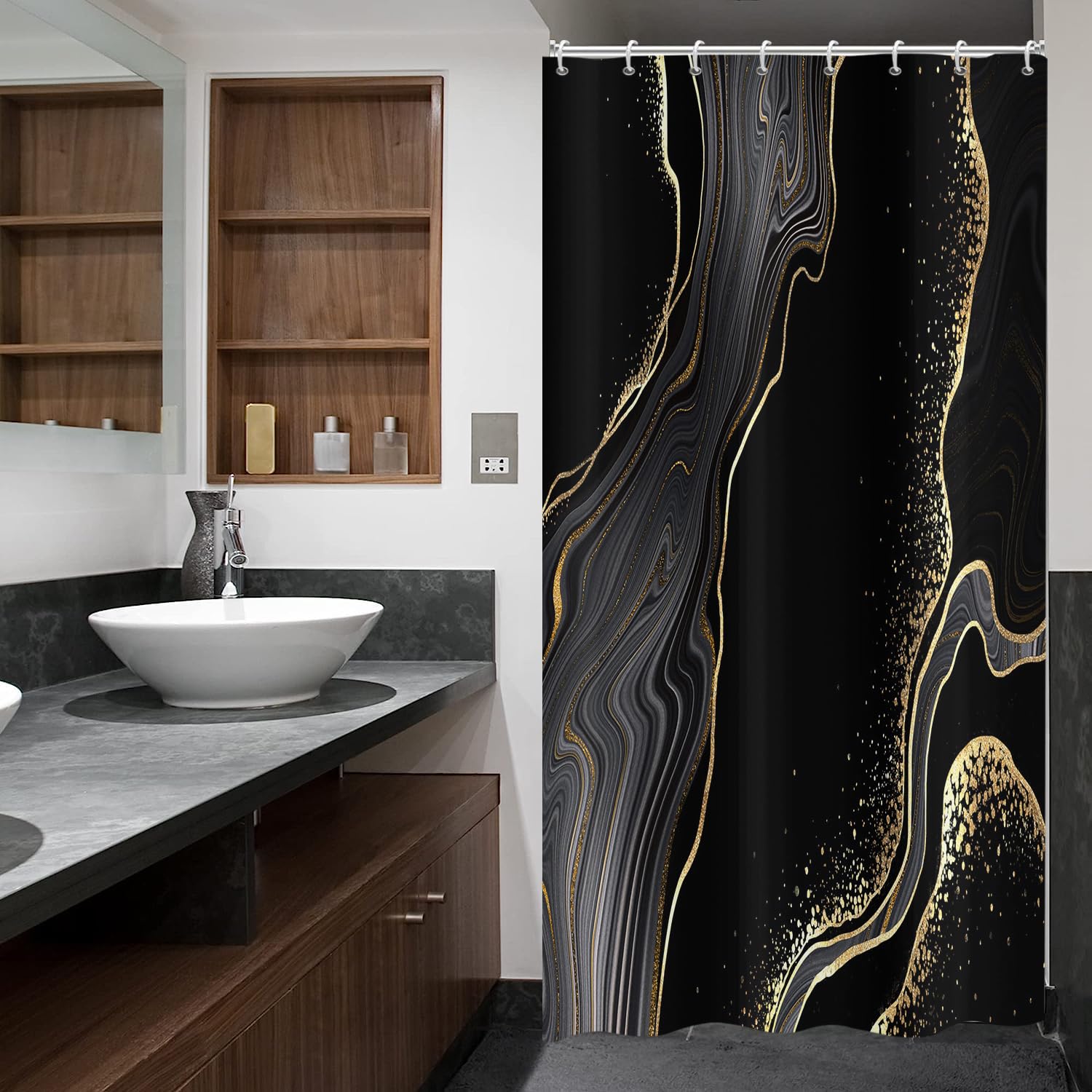 ASDCXZ Marble Shower Curtain Black Gold 120x200 cm, Modern Abstract Black Gold Marble Optic Texture Washable Bath Shower Curtains Polyester Textile Waterproof Shower Curtain for Bathtub with 8 Hooks — image 1