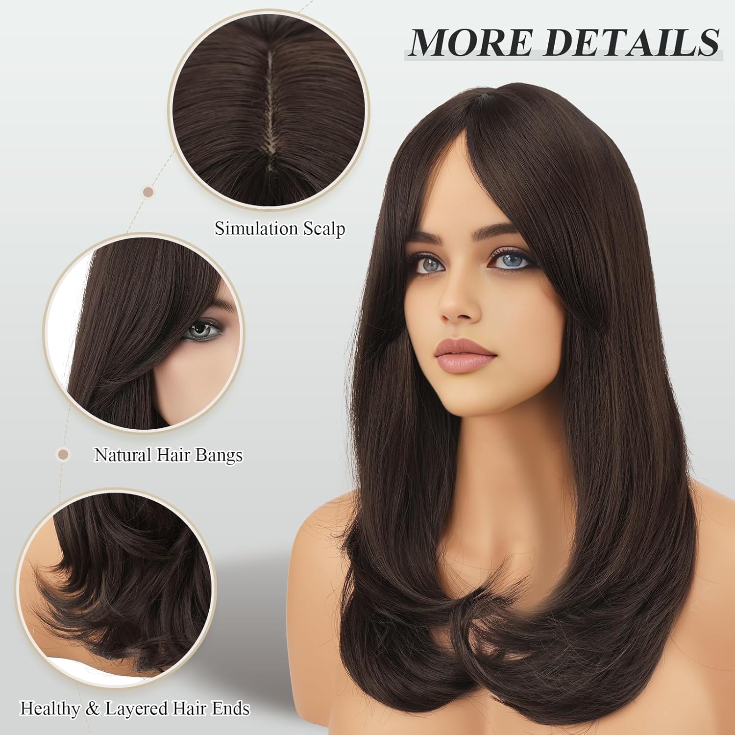 FESHFEN Brown Wigs with Bangs, Synthetic Natural Looking Long Layered Straight Hair Wig for Women Daily Party Use, 18 inch