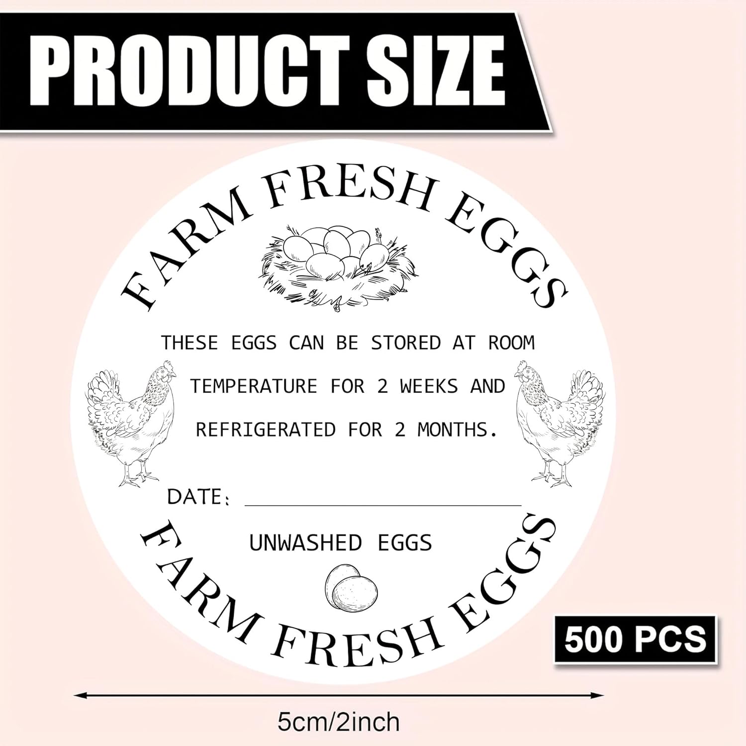 500Pcs Farm Fresh Egg Carton Stickers 2inch Round Unwashed Egg Carton Labels with Collection Date Self-Adhesive Egg Packaging Labeling for Chicken Duck Quail Egg (White) - Image 6