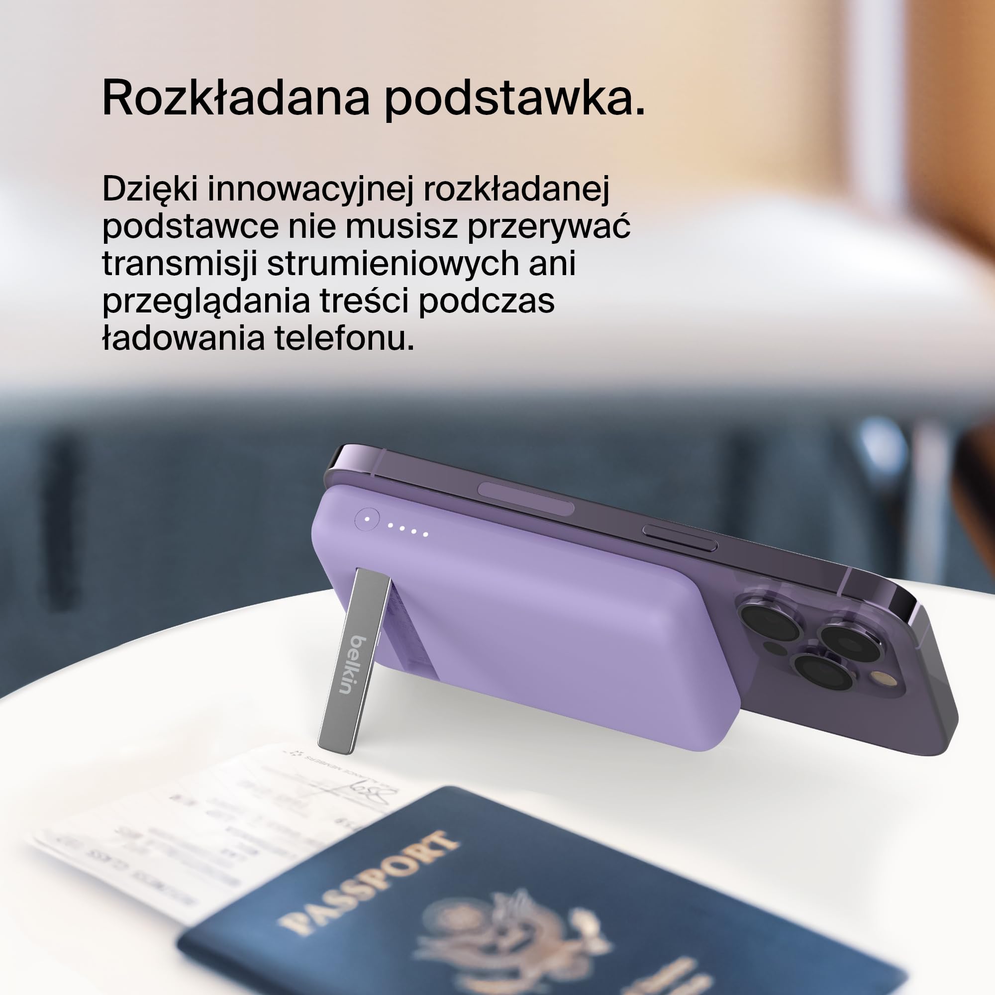 Belkin Bezprzewodowy magnetyczny powerbank 5000 mAh, przenośna ładowarka zgodna z MagSafe, ładowanie przelotowe, moc wyjściowa 7,5W, moc wejściowa 10W, podpórka, do iPhone’ów 17, 16, 15, 14, 13