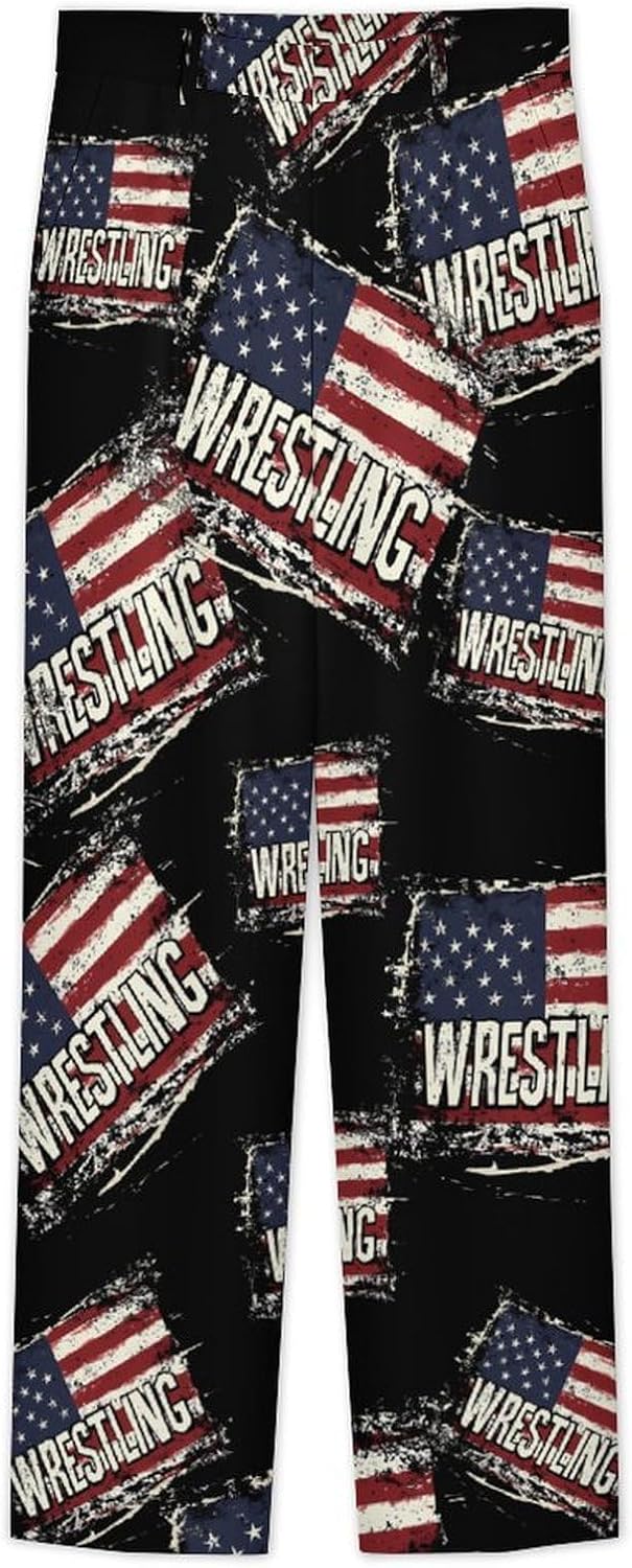 Vintage Wrestling U.S.A Flag Men's Classic Fit Suit Pants Straight Leg Design Printed Trousers