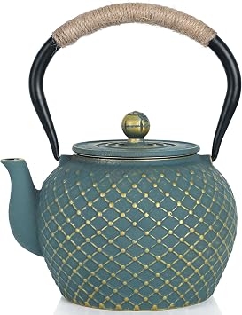 Ufine Cast Iron Teapot for Stove Top with Stainless Steel Infuser | Loose Leaf Tea Kettle 40oz/1200ml, Japanese Style Tetsubin Blue Grid Design