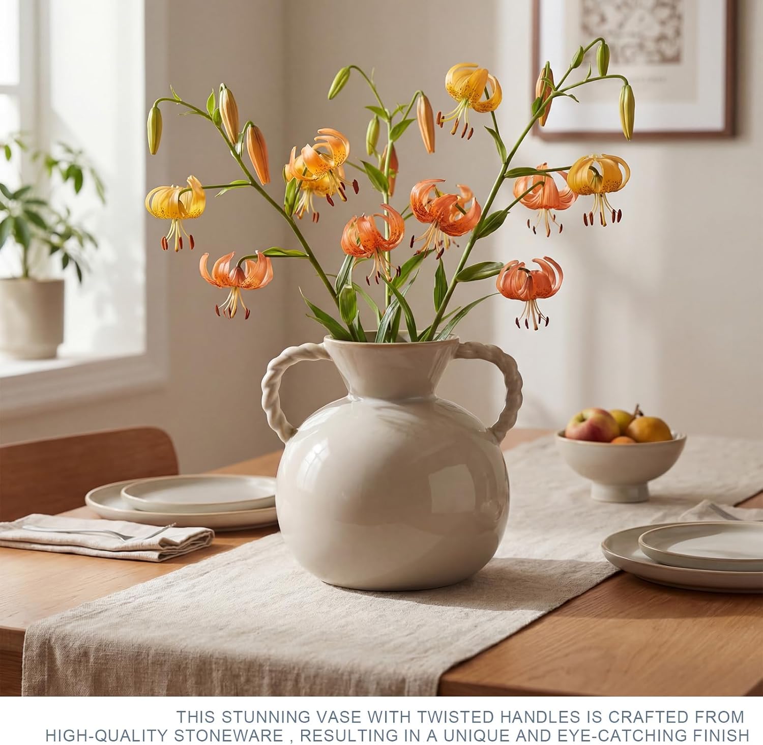 Rustic Home Decor Vase 9.25 Inch Beige Stoneware Flower Vase with 2 Twisted Handles for Table Centerpiece Mantel Ornaments Decoration