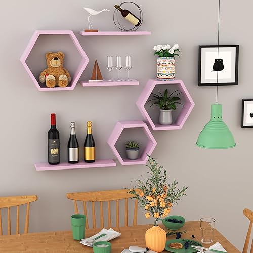 Miniatura 10 de Estantes flotantes hexagonales de madera montados en la pared juego de 6 estantes flotantes geométricos para decoración de pared estantes de pared