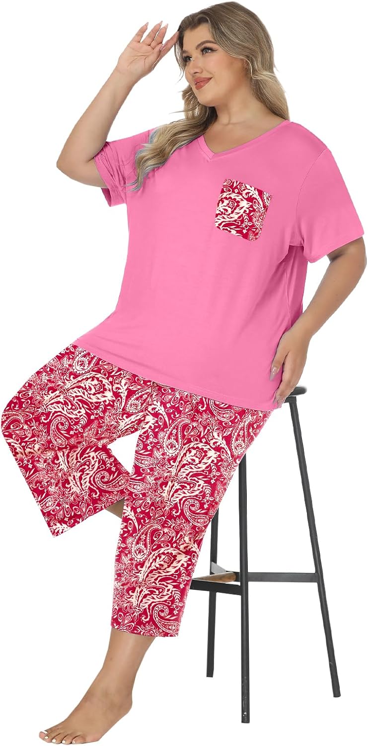 Womens Modal Plus Size Pajamas Capri Pajama Sets Soft Pjs V Neck Shirt Printed Capri Pants With Drawstring S-3XL - Image 6