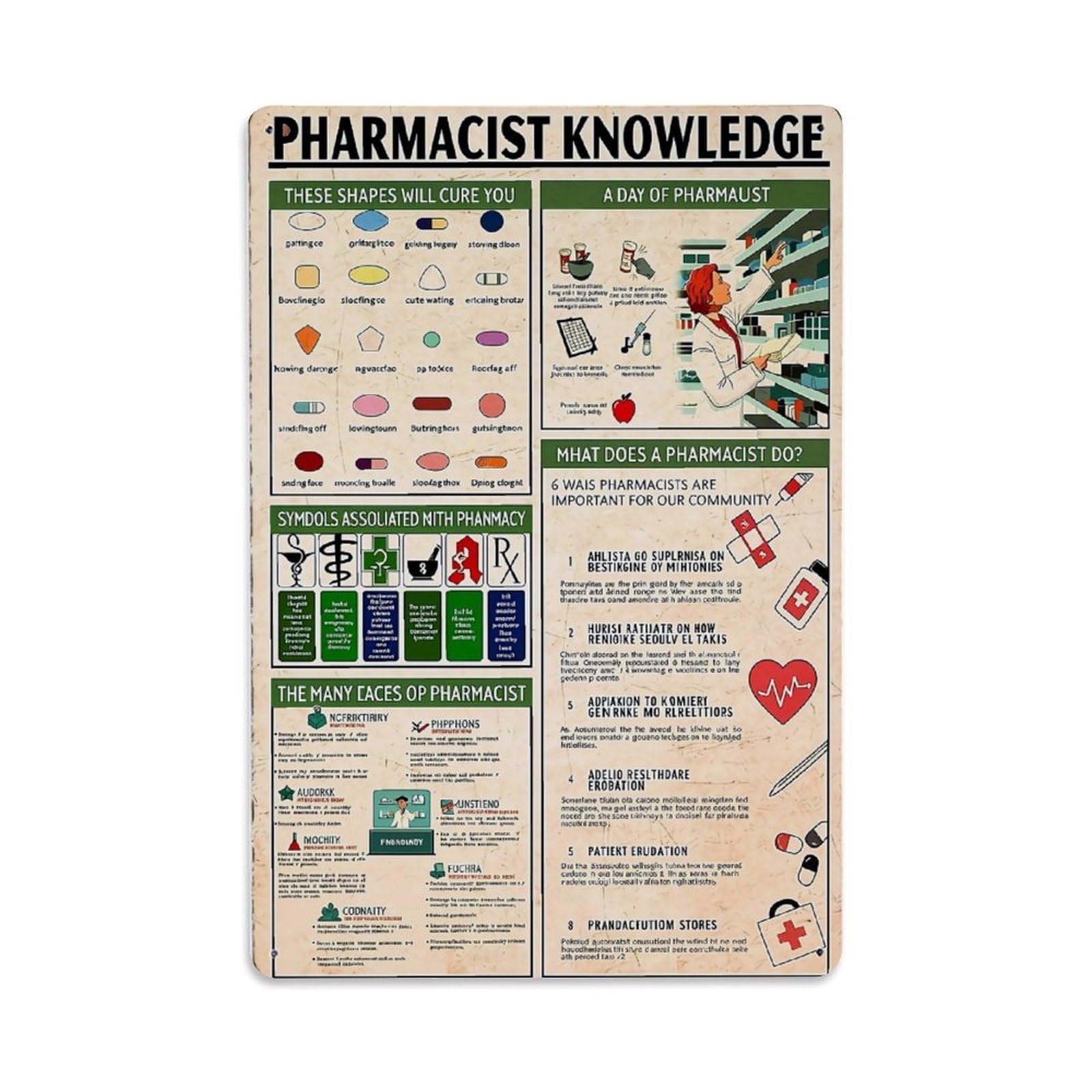 Jdfenggu Vintage Pharmacist Knowledge Infographic Poster Design Retro Metal Tin Sign, Metal Poster For Bar, Home, Man Cave, Kitchen, Laundry Room Art Decor 8X12 Inch