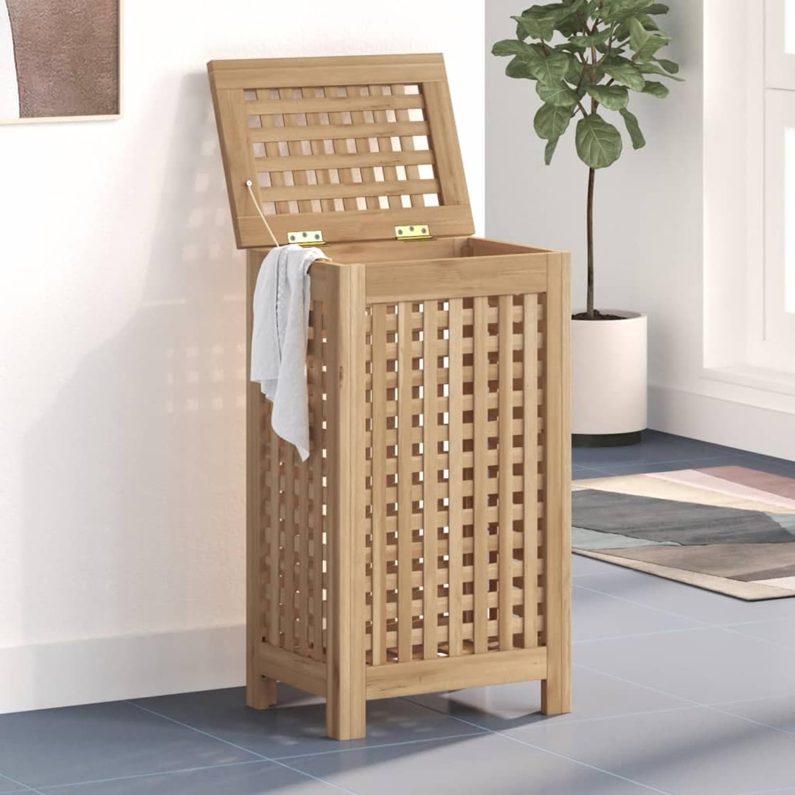 Cesto portabiancheria in legno di teak, design ventilato in teak massiccio, con borse rimovibili e ripiano per organizzare la biancheria e gli oggetti essenziali per la casa