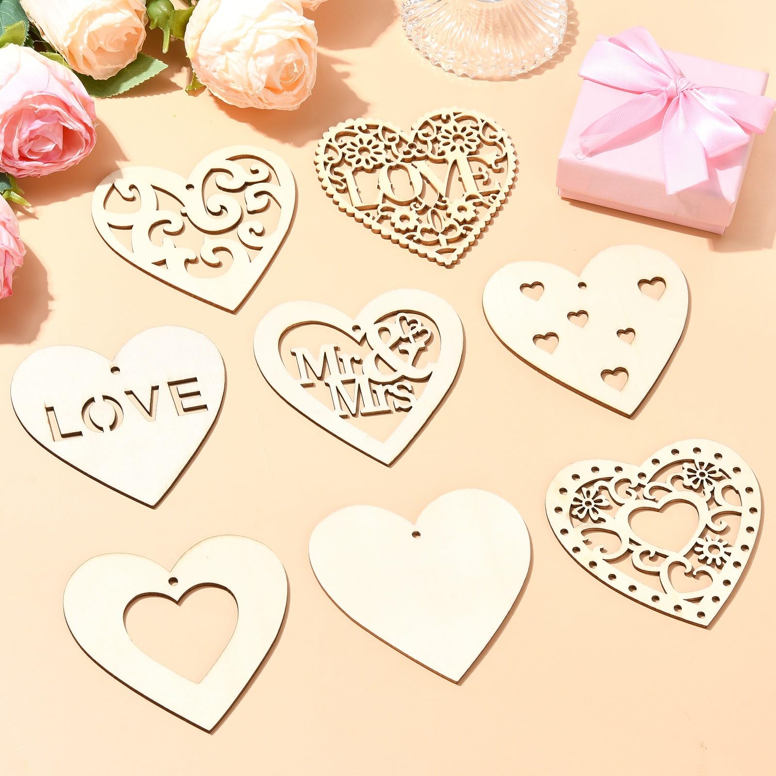 UR URLIFEHALL 40 Pcs 8 Styles Wooden Heart Charms Unfinished Wood Cutouts with Hole for Jewellery Making Crafts Home Party Coffee Bar Decorative - Image 4