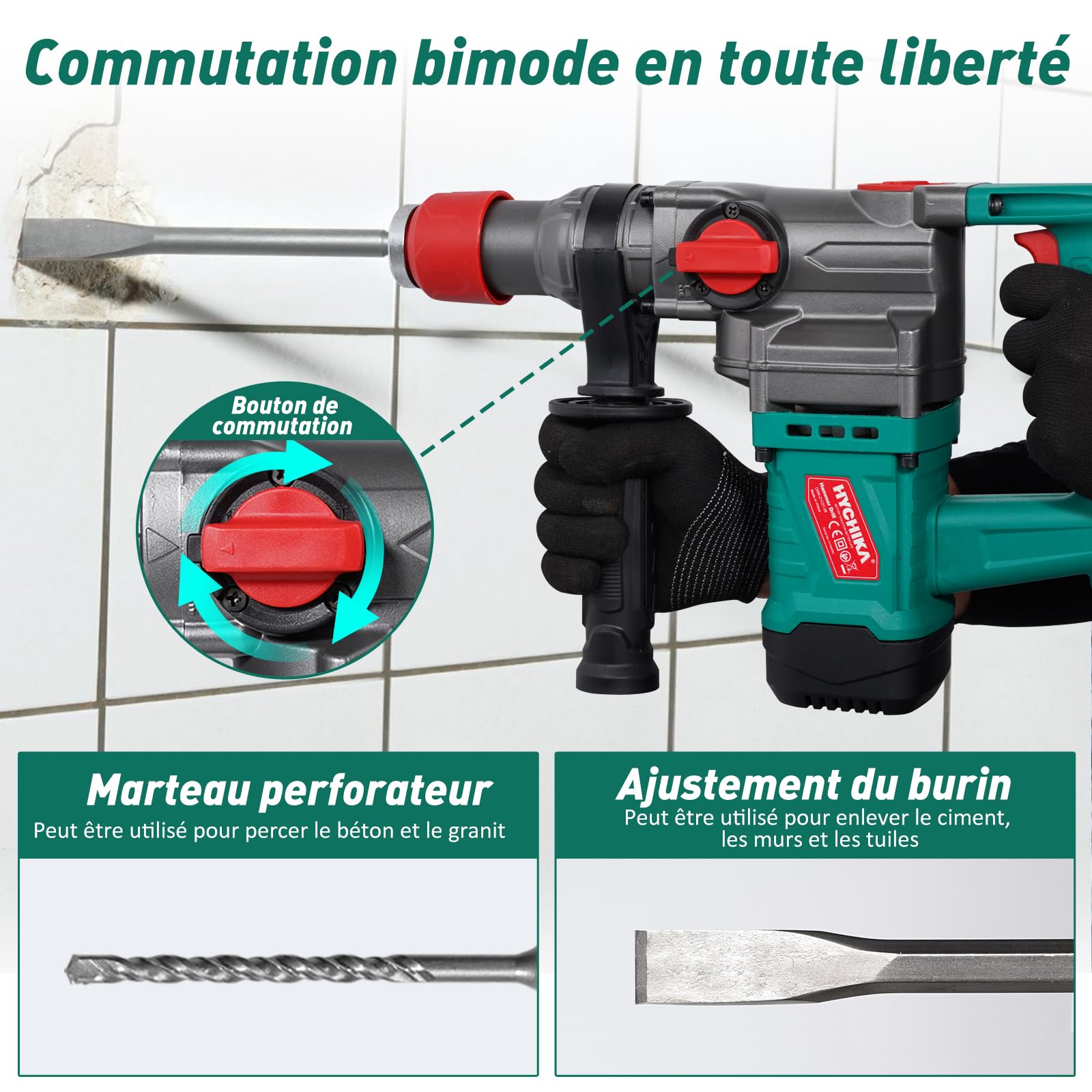 HYCHIKA Perceuse Percussion, Marteau Perforateur avec Embrayage de Sécurité, Perforateur Burineur SDS-Plus, 900W Burineur Electrique Perceuse Beton