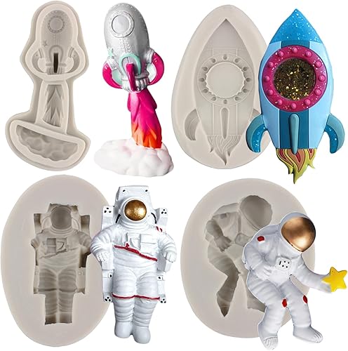 Miniatura 1 de Sijiangmold Molde de astronauta espacial para fondant, naves espaciales, cohete, moldes de silicona para decoración de pasteles de cumpleaños,